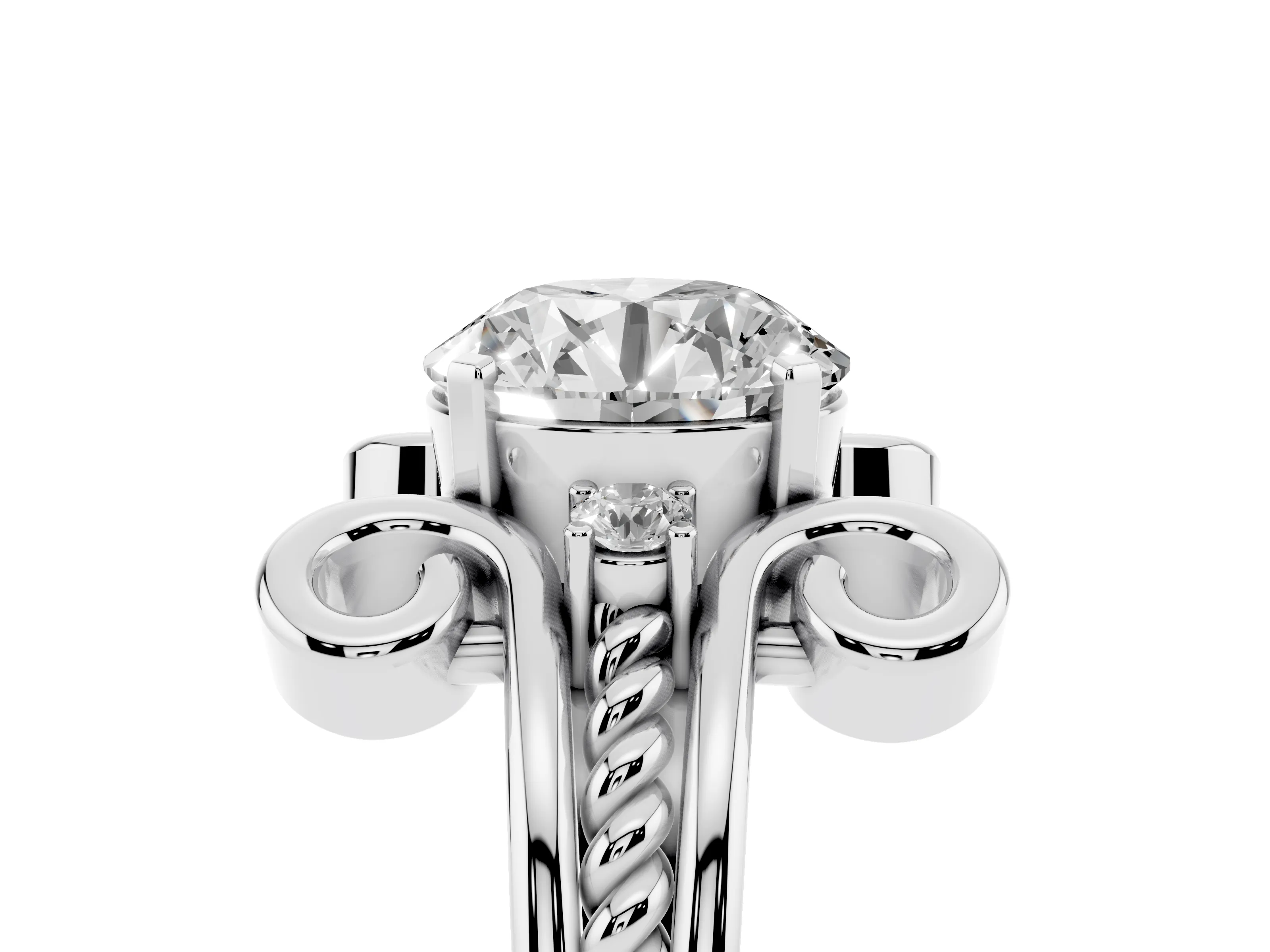 Round Cut Diamond Twisted Band Solitaire Ring Set in White gold with Scroll Prongs