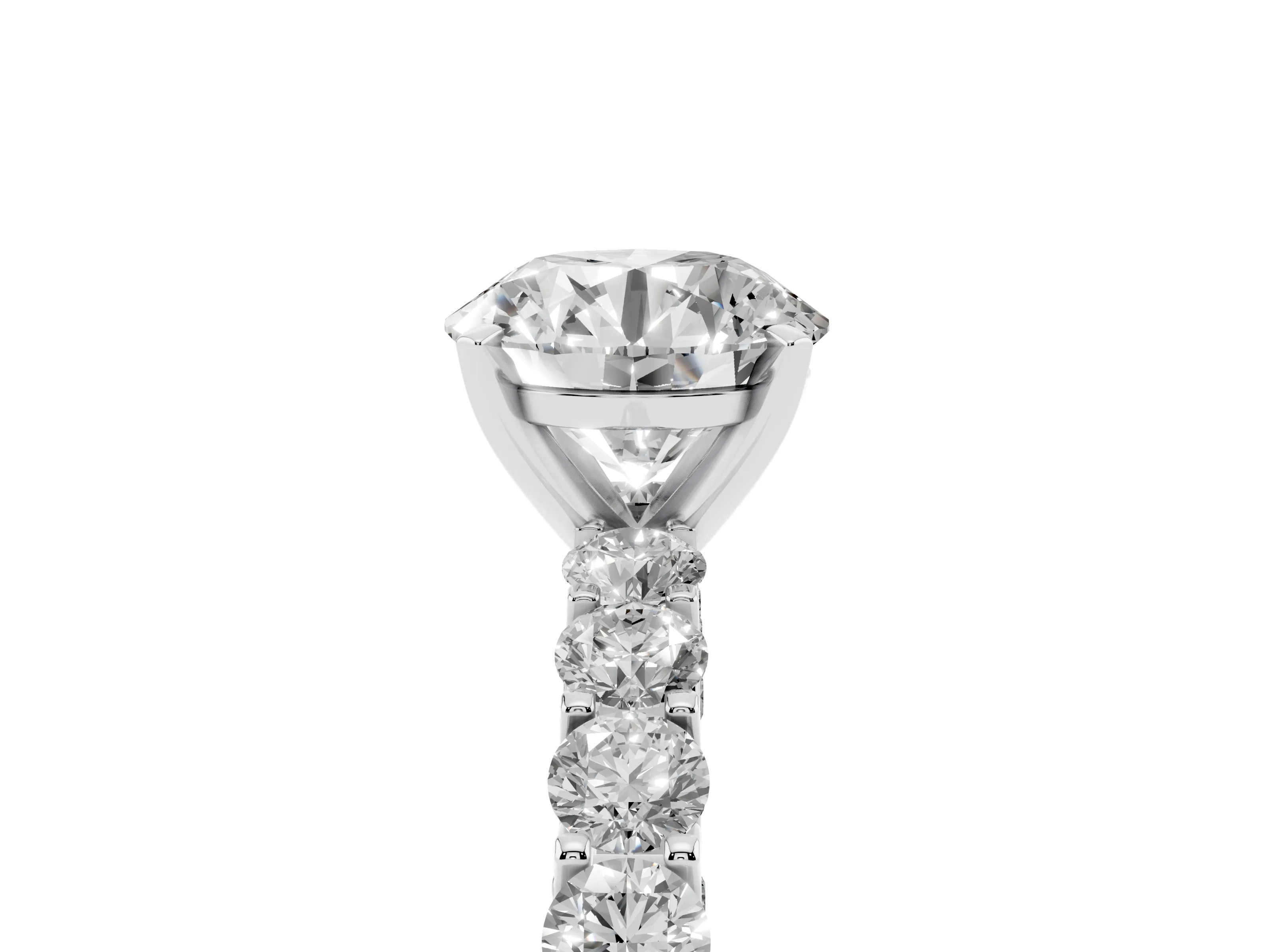 Round Cut Diamond Solitaire Ring Set in Platinum with Shared Prong Pavé Band