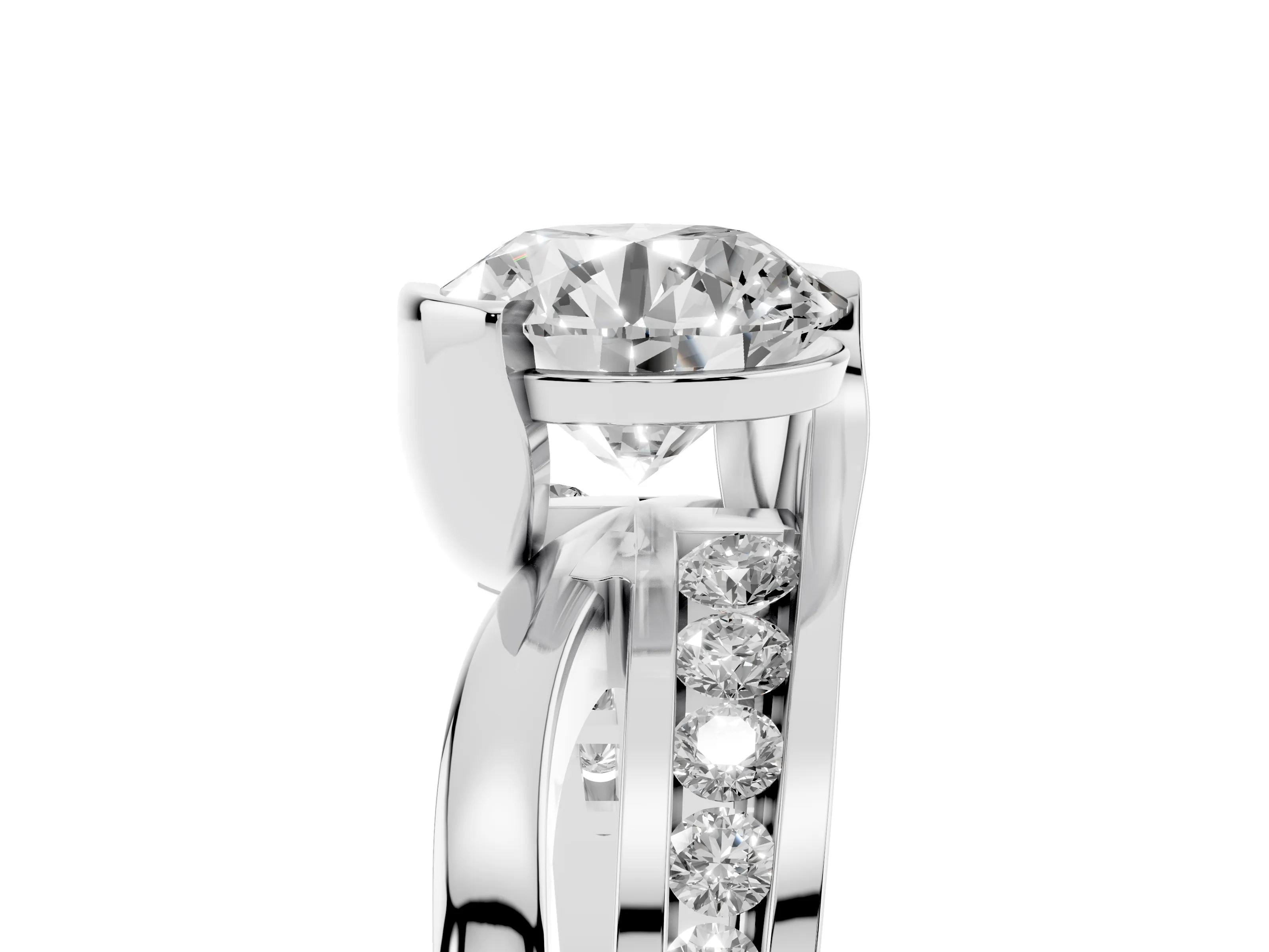 Round Cut Diamond Solitaire Ring Set in Silver with Channel Set Split Shank and Tension Prongs