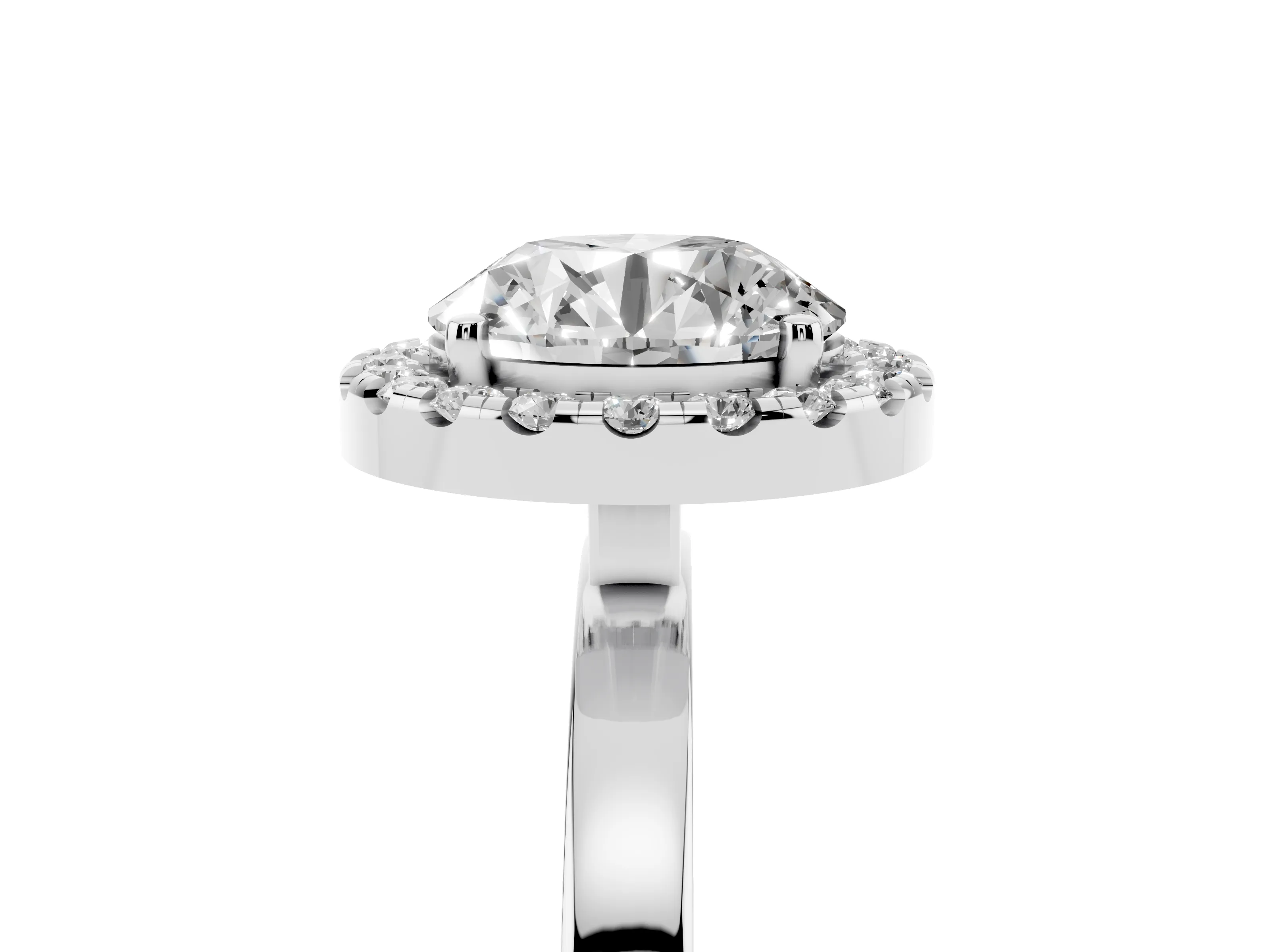 Round Cut Diamond Halo Solitaire Ring Set in White gold with Pavé Band and Prong Setting