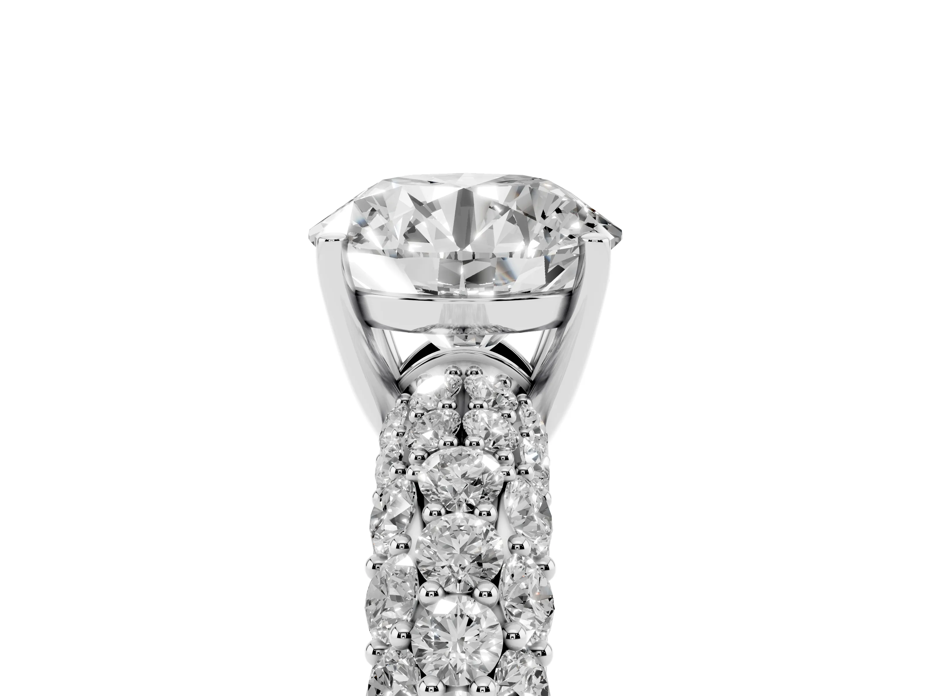 Round Cut Diamond Pavé Band Solitaire Ring Set in White gold with Close-Set Accent Stones and Prong Setting