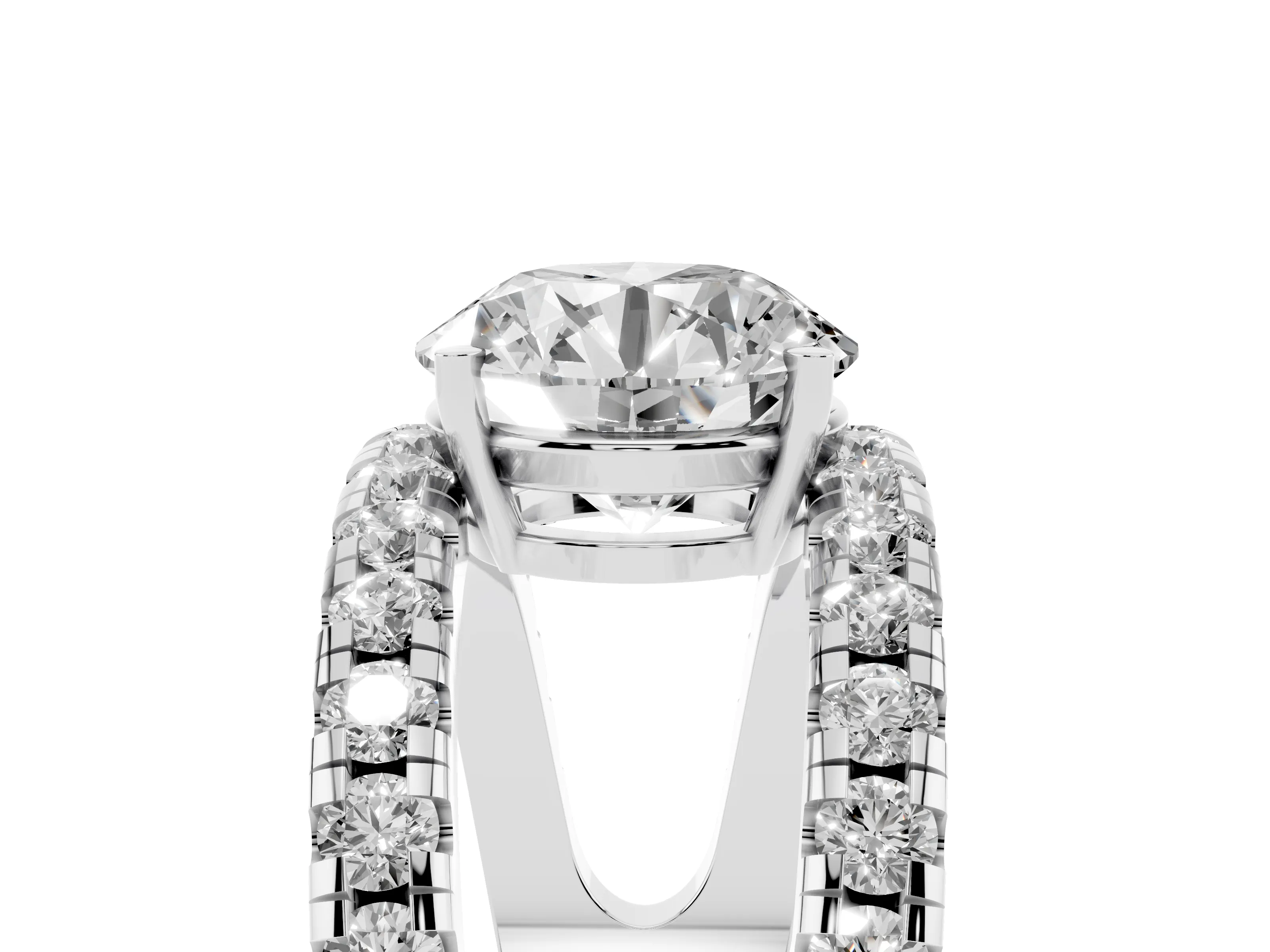 Round Cut Diamond Split Shank Pavé Solitaire Ring Set in White gold with Open Shank Design