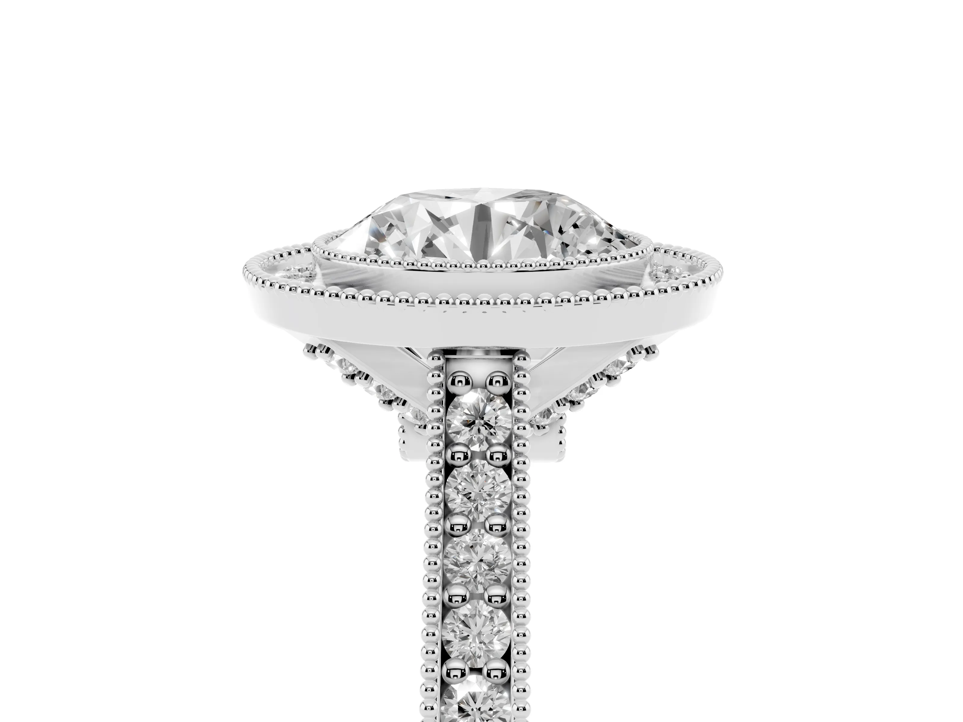 Round Cut Diamond Halo Milgrain Pavé Band Ring Set in Platinum with Prong Setting