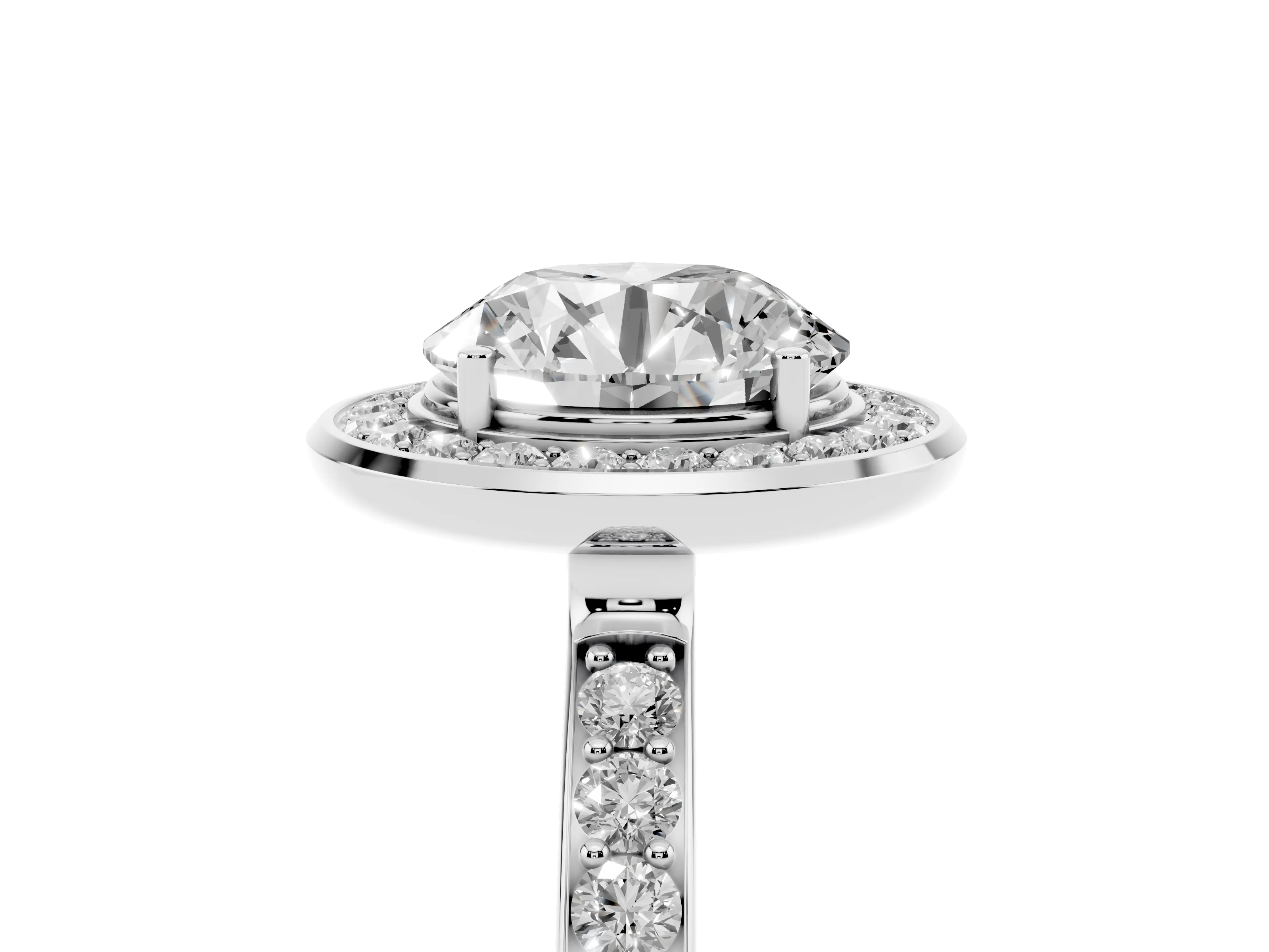 Round Cut Diamond Halo Ring Set in Silver with Bezel Frame and Pavé Band