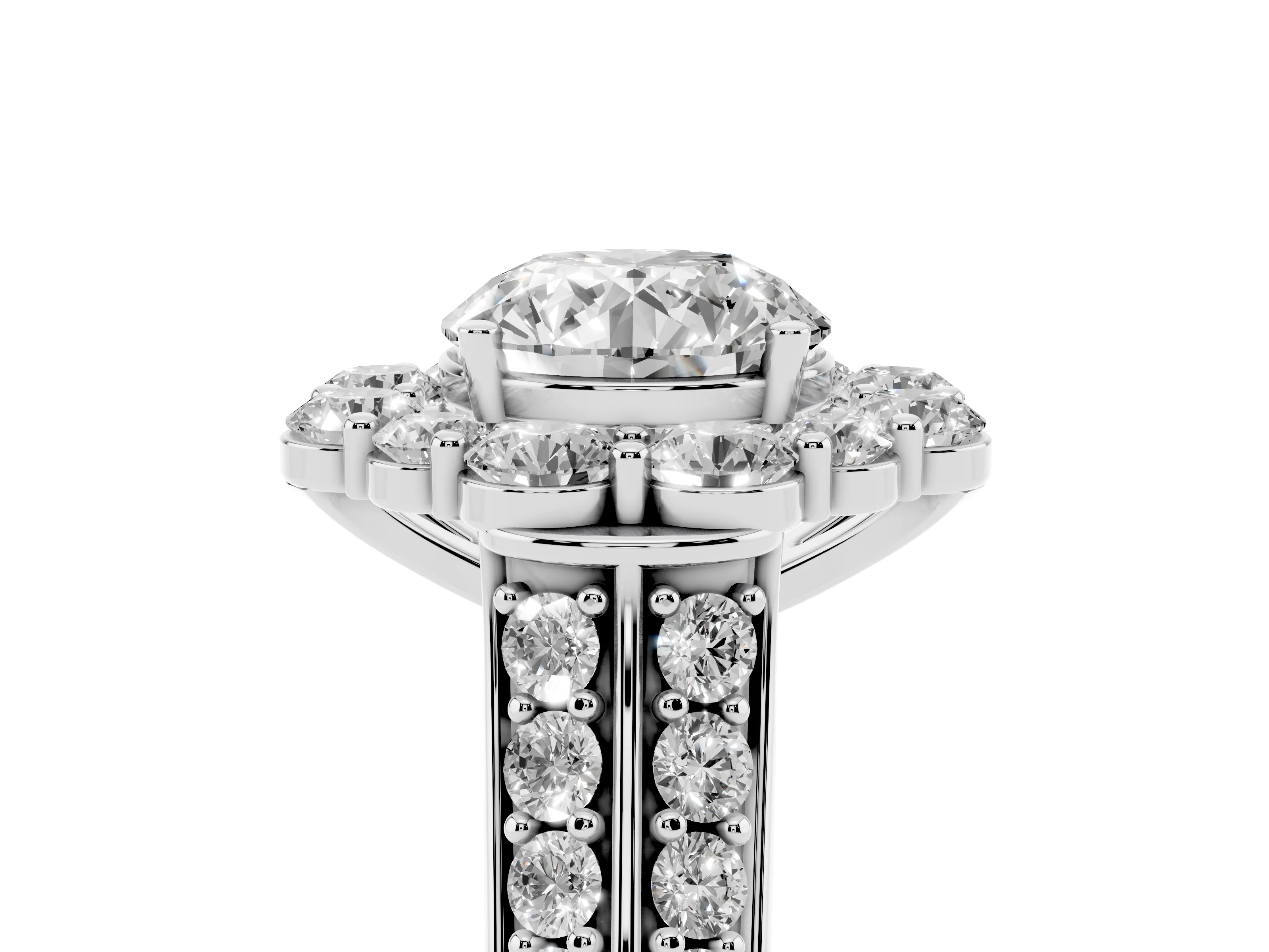 Round Cut Diamond Halo Engagement Ring Set in White gold with Split Shank and Prong Setting
