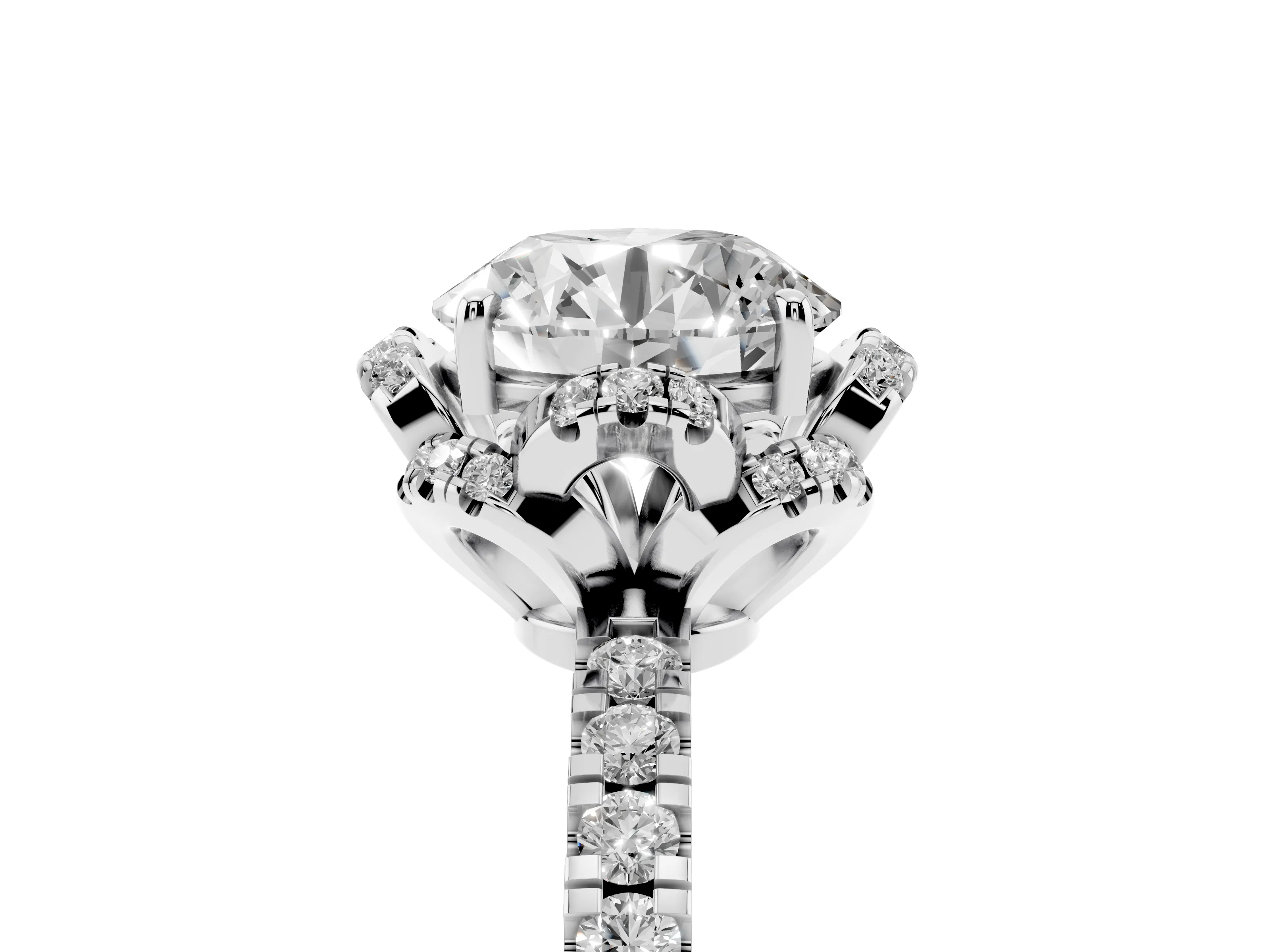Round Cut Diamond Halo Pavé Band Ring Set in White gold with Prong-Held Center