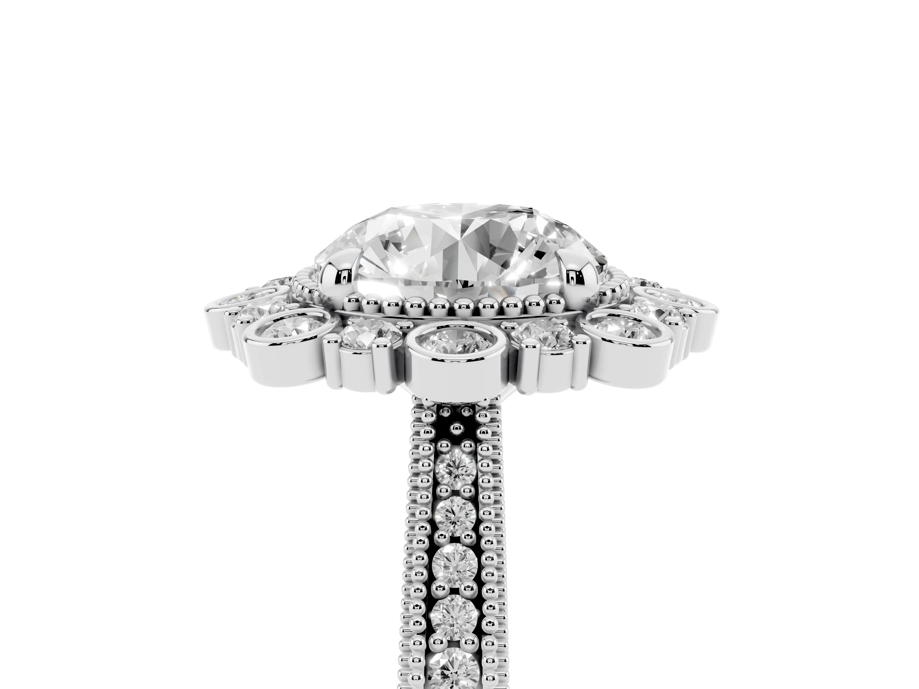 Round Cut Diamond Halo Milgrain Pavé Ring Set in White gold with Prong Setting