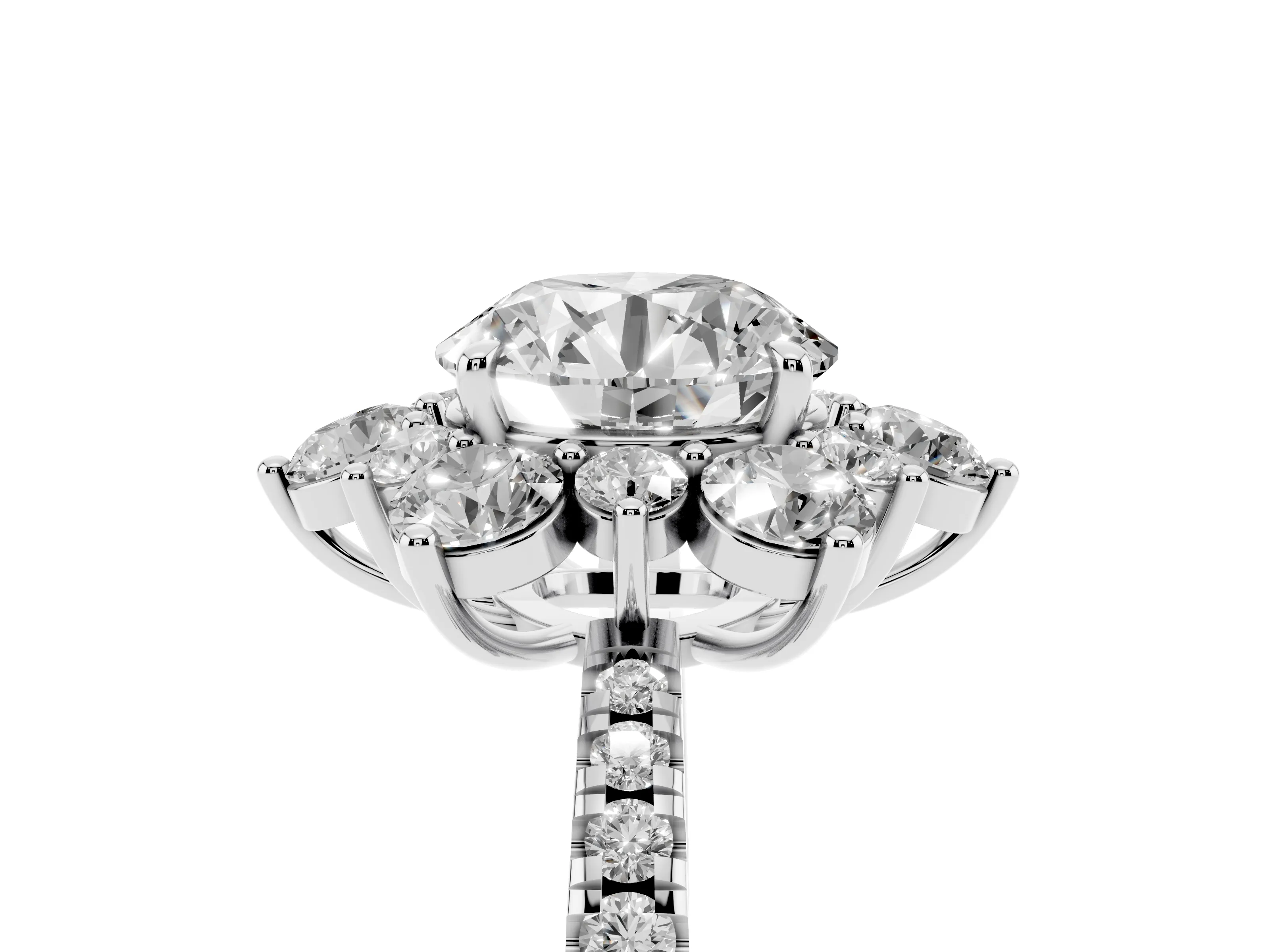 Round Cut Diamond Floral Halo Ring Set in White gold with Round Pavé Band and Prong Setting