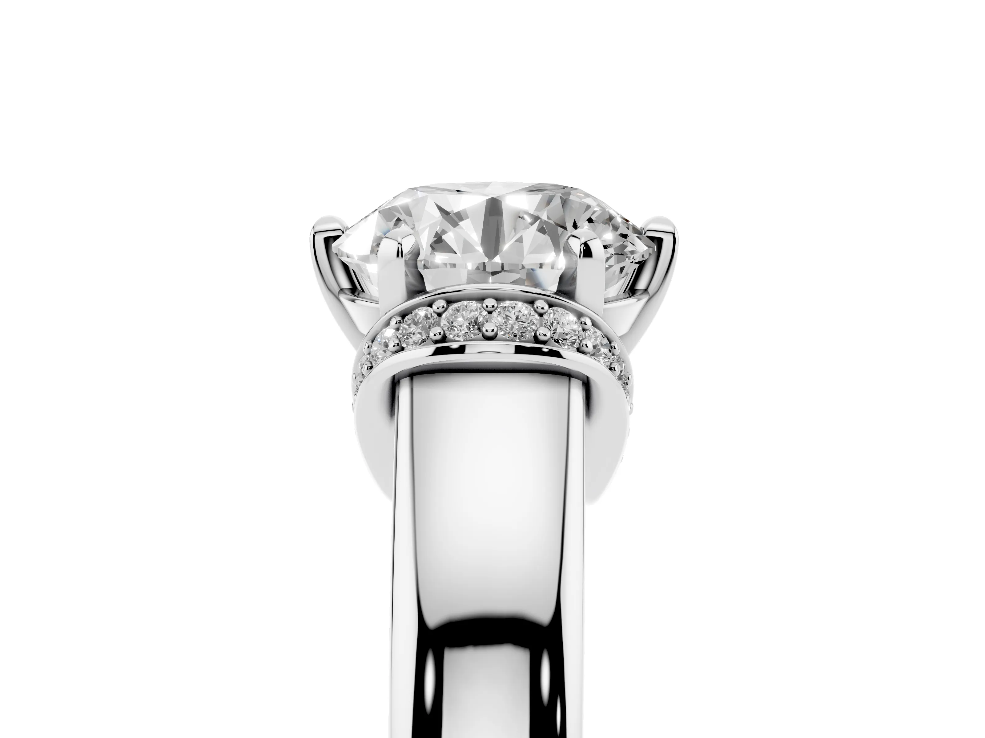 Round Cut Diamond Pavé Band Solitaire Ring Set in Silver with Prong Setting
