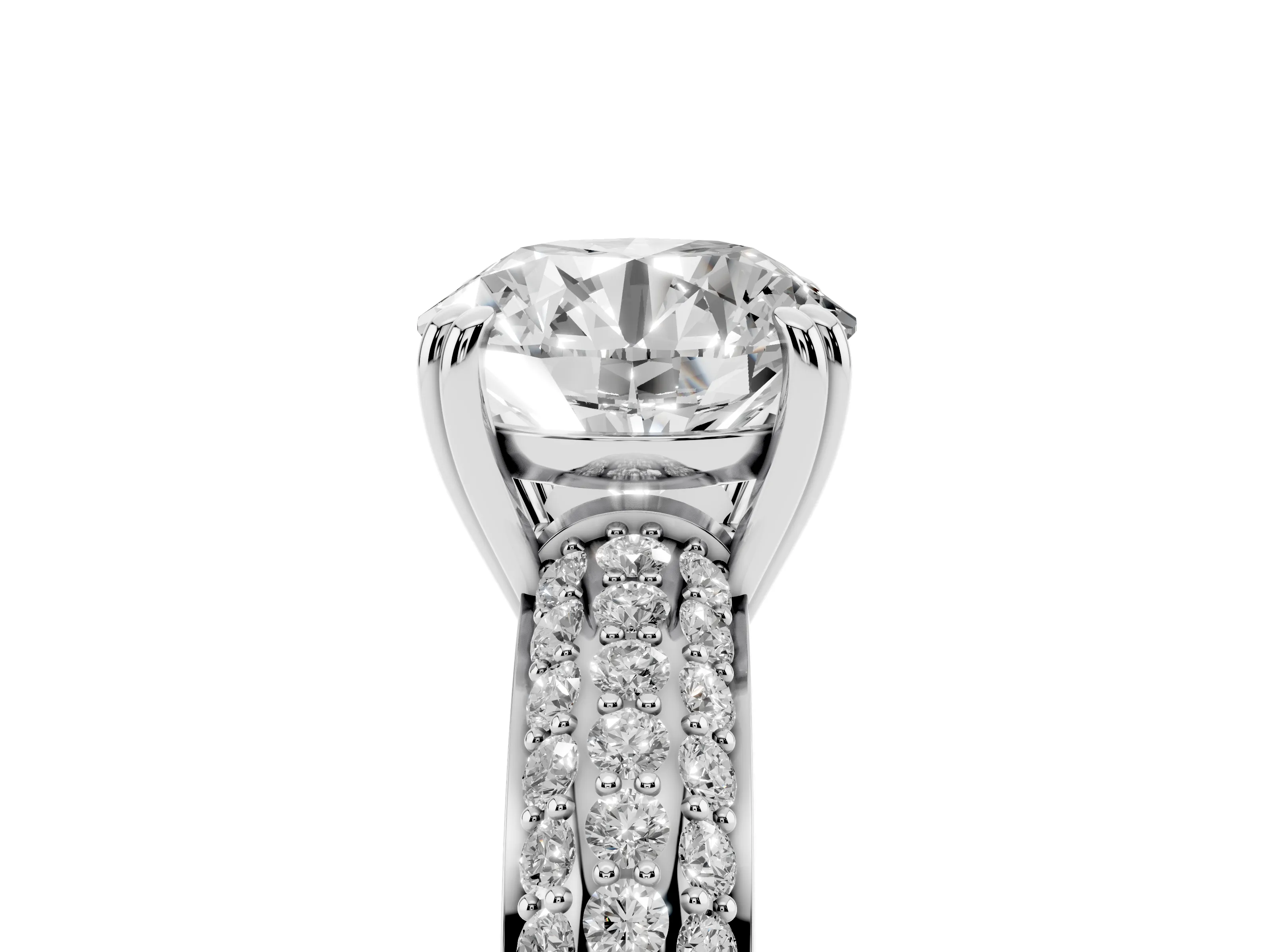 Round Cut Diamond Solitaire Ring Set in Platinum with Multi-Row Round Pavé Band and Prong Setting