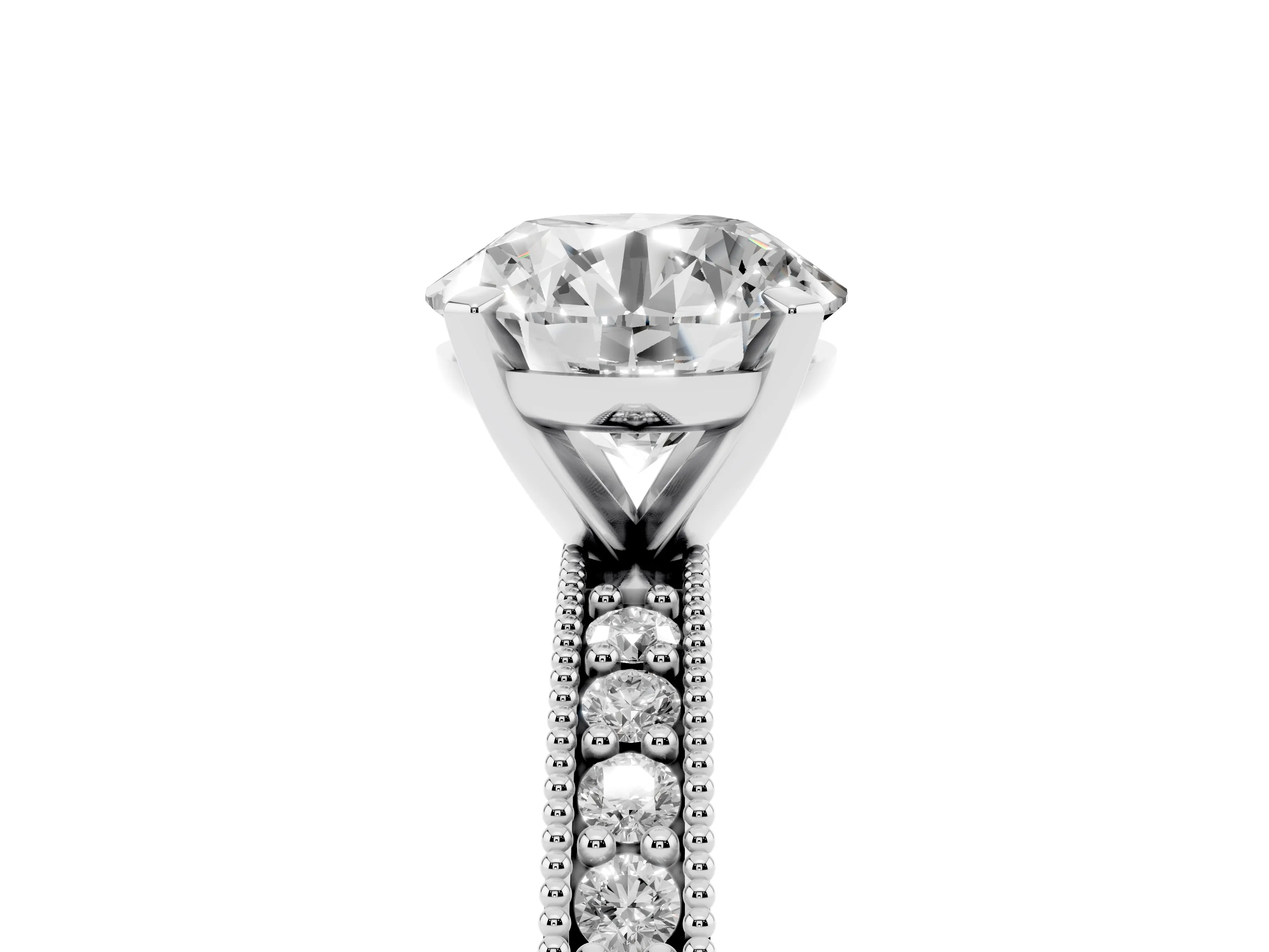 Round Cut Diamond Milgrain Pavé Engagement Ring Set in Platinum with Prong Setting