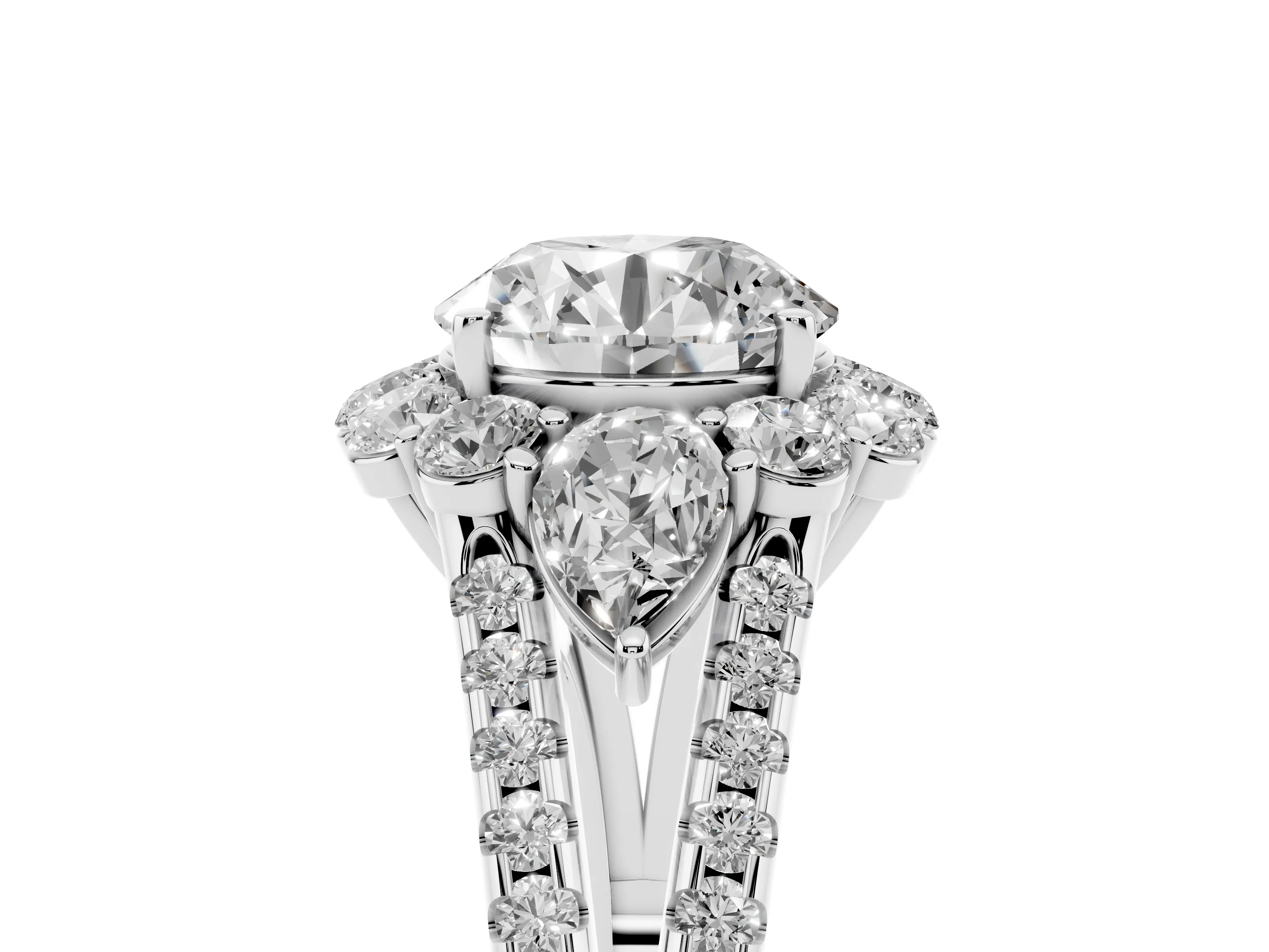 Round Cut Diamond Halo Split Shank Engagement Ring Set in Silver with Prong-Held Center Stone