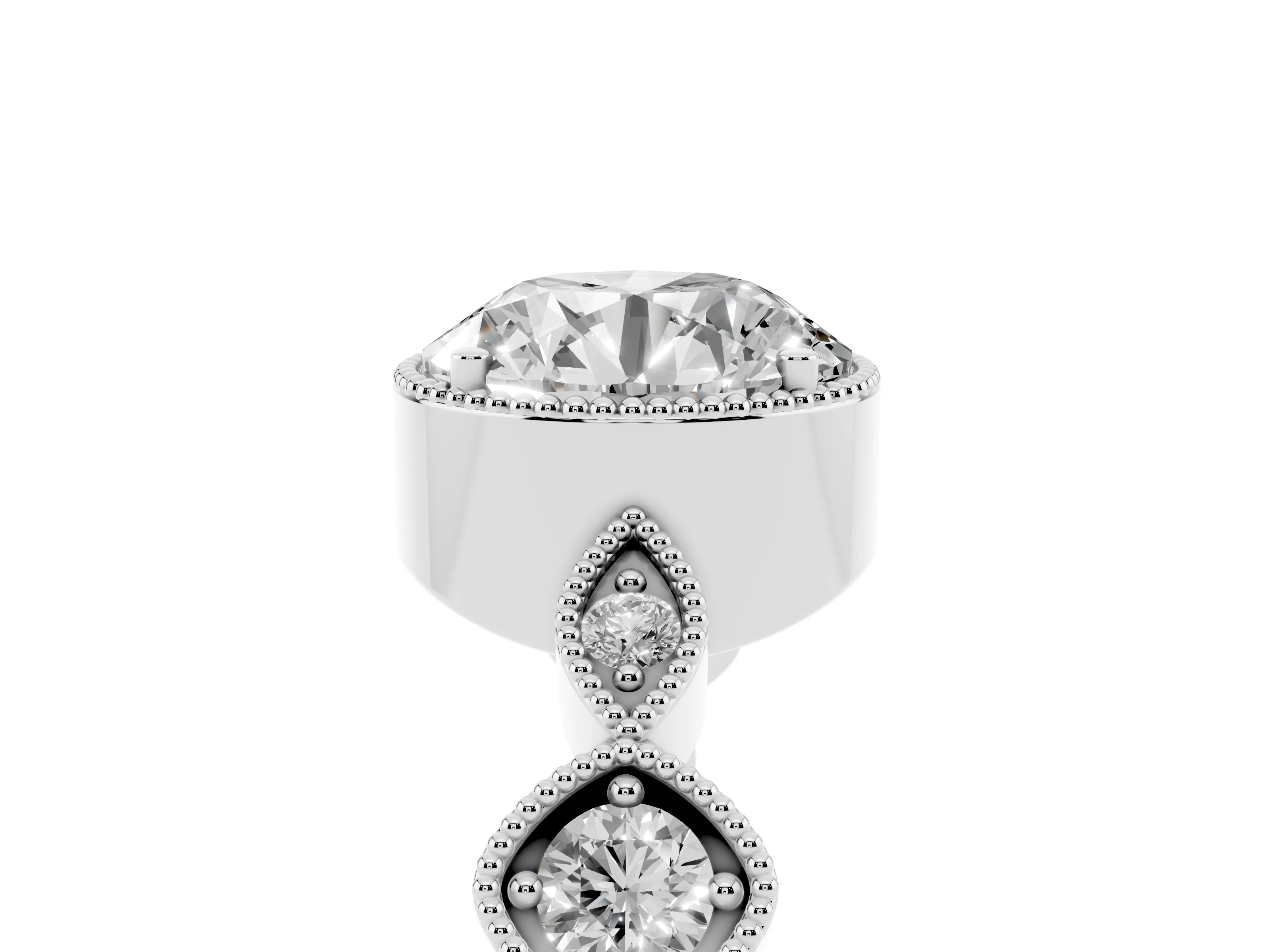 Round Cut Diamond Vintage-Inspired Milgrain Ring Set in Platinum with Marquise Stations of Round Accents