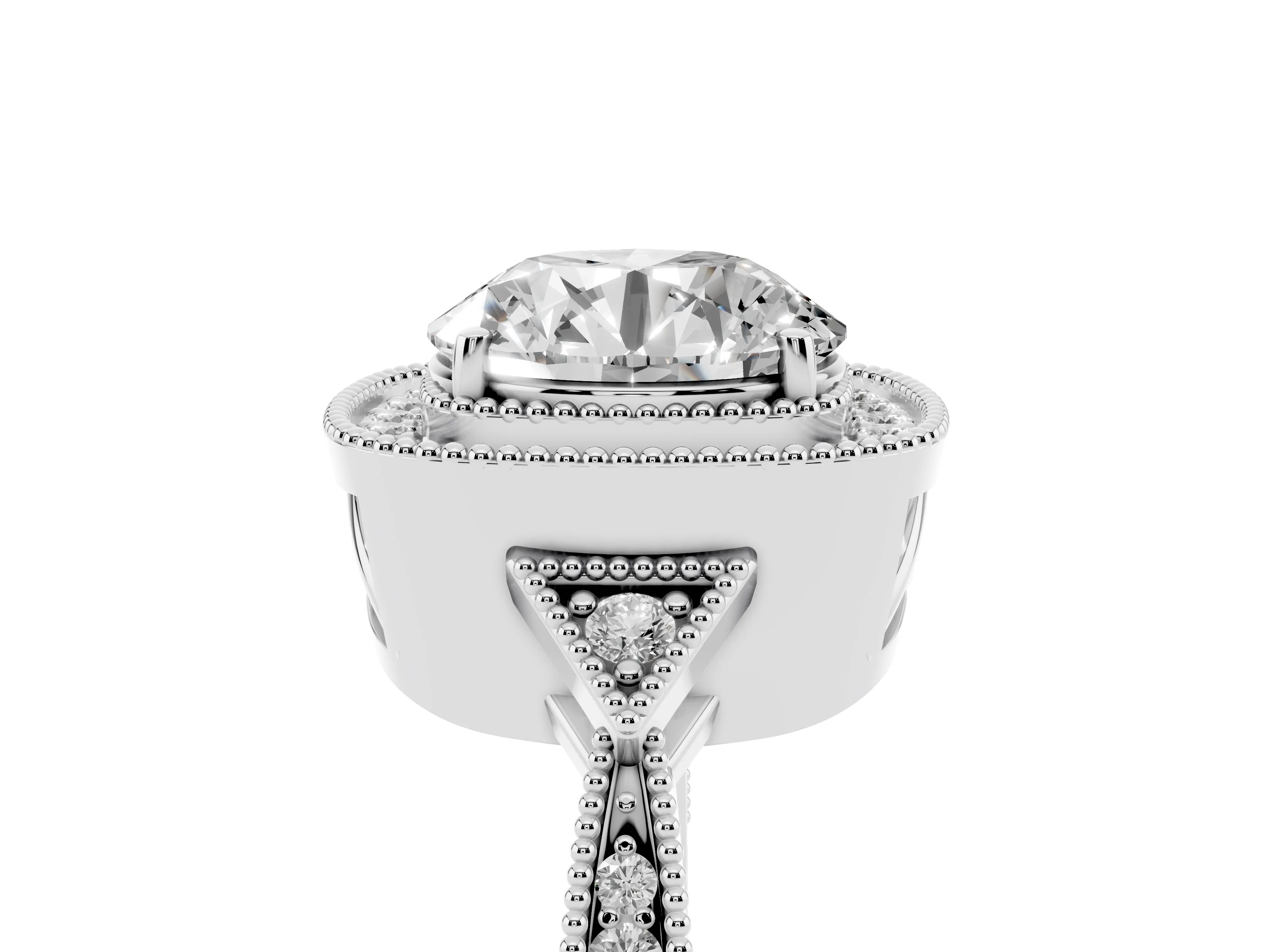 Round Cut Diamond Halo Engagement Ring Set in White gold with Milgrain Pavé Band