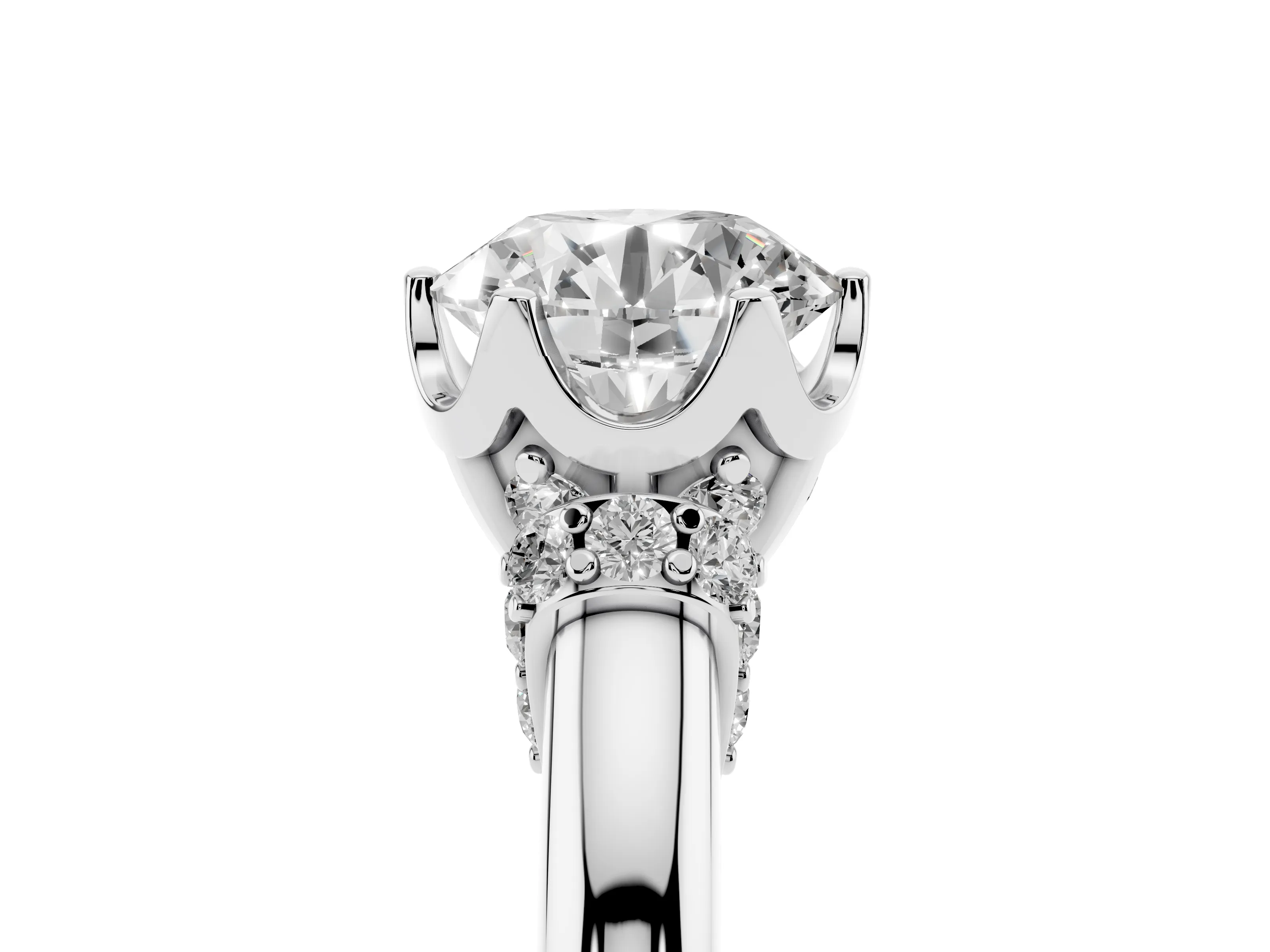 Round Cut Diamond Cathedral Solitaire Engagement Ring Set in Platinum with Pavé Accents