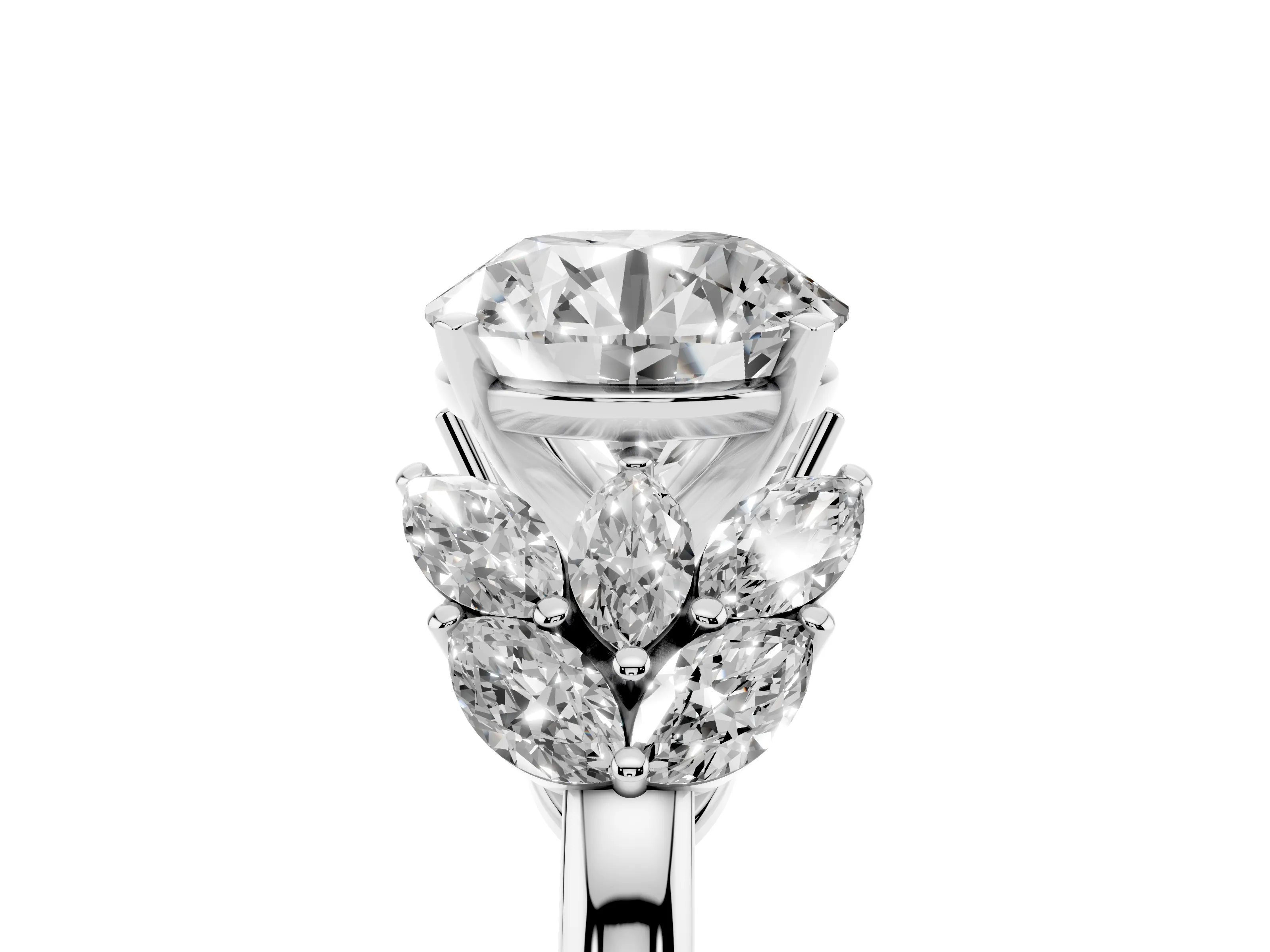 Round Cut Diamond Cluster Leaf Design Ring Set in Platinum with Prong Setting