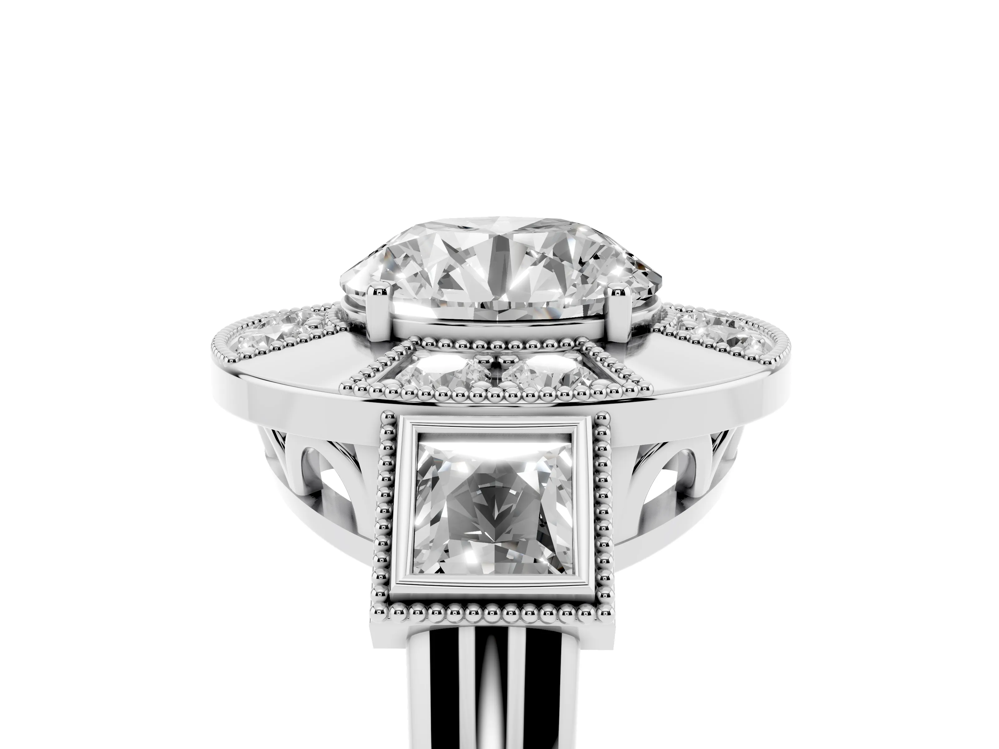 Round Cut Diamond Milgrain Halo Ring Set in Silver with Split Shank