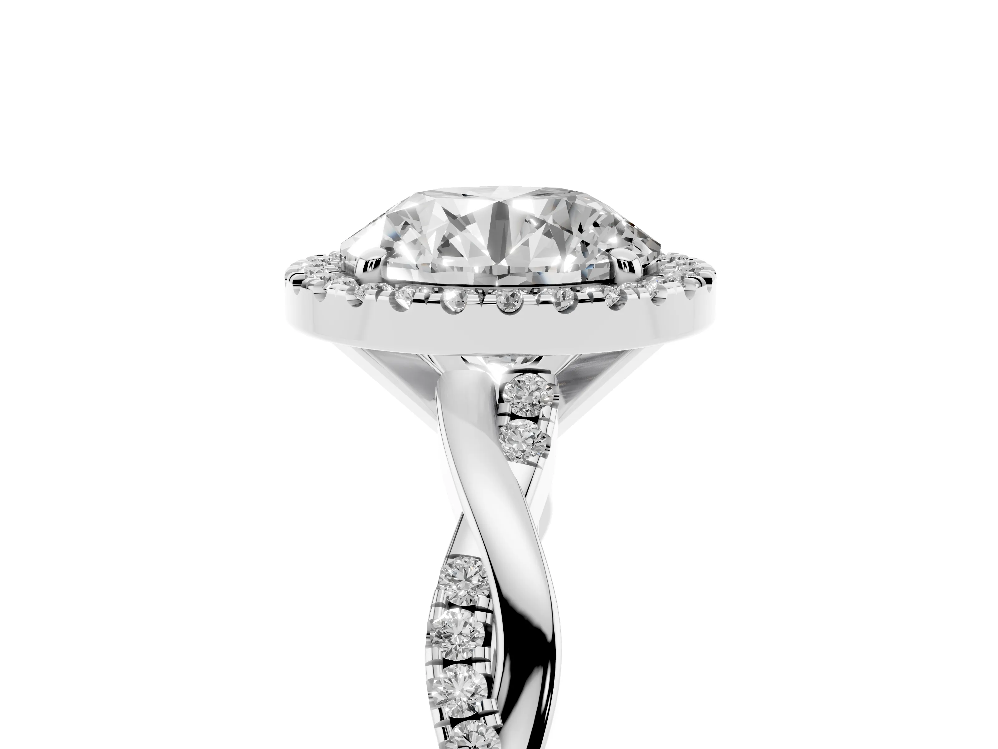 Round Cut Diamond Halo Twisted Band Ring Set in White gold with Prong Setting