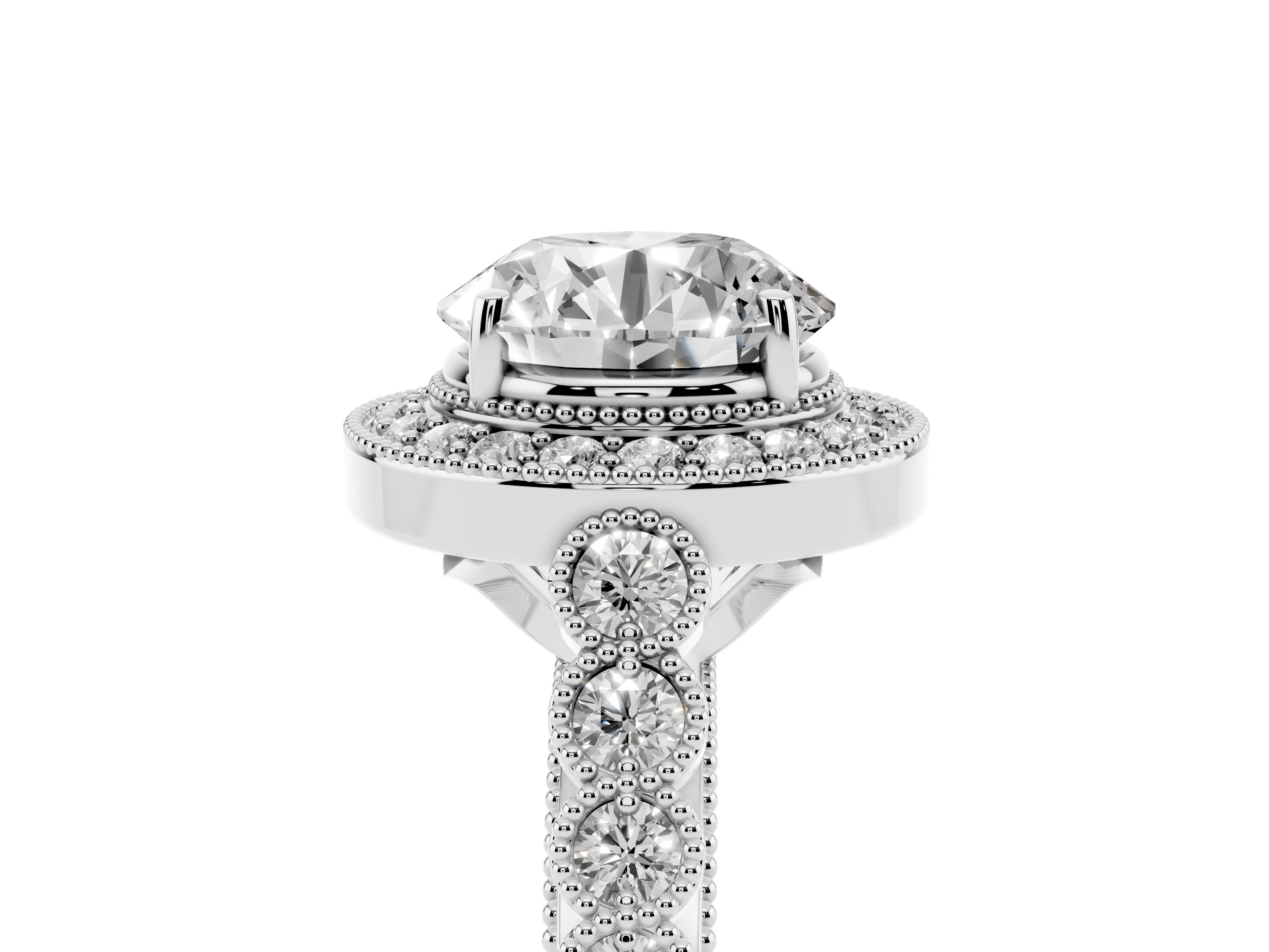Round Cut Diamond Milgrain Halo Solitaire Ring Set in White gold with Bezel Set Side Stones and Pavé Band