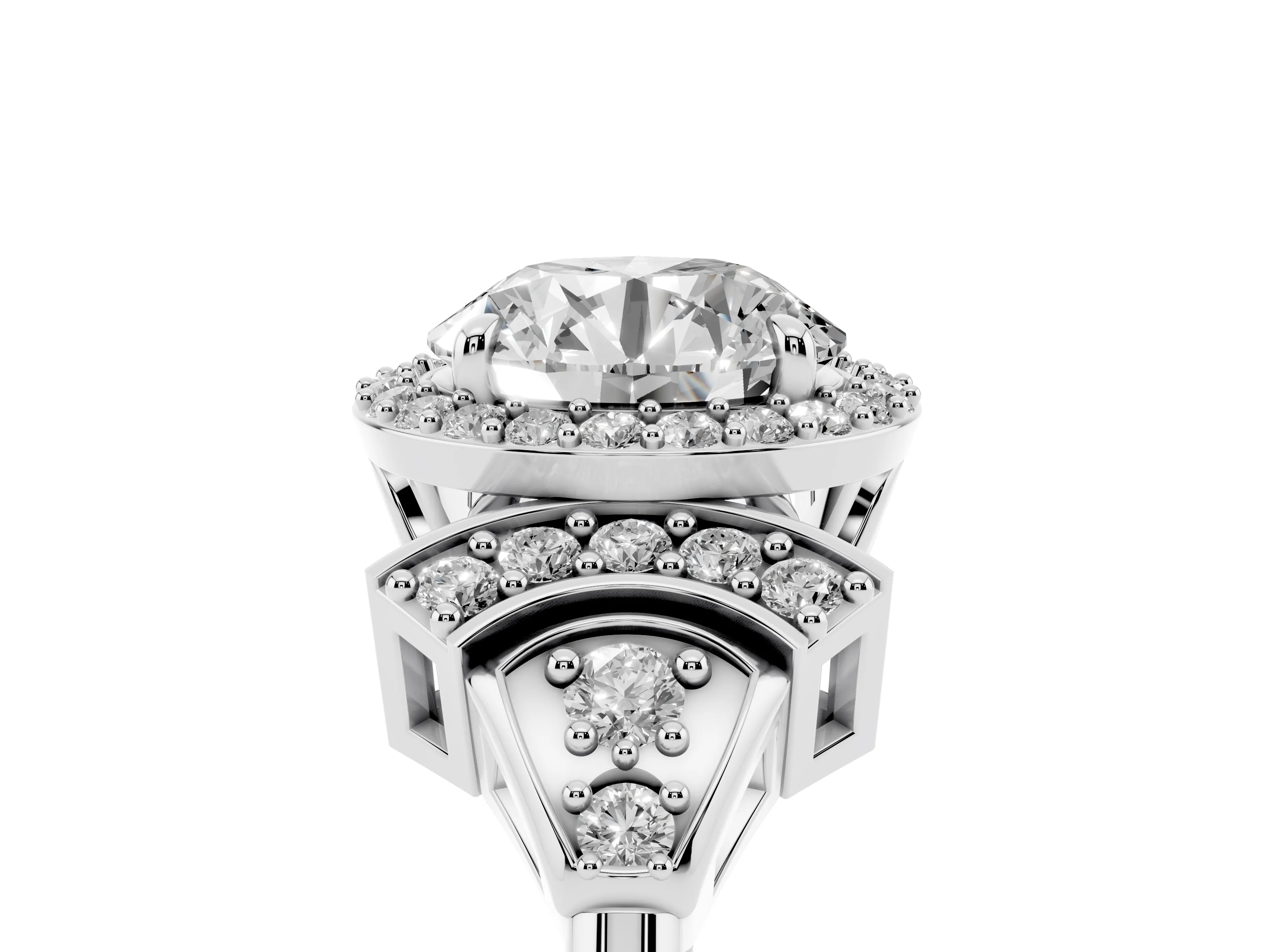 Round Cut Diamond Halo Engagement Ring Set in Silver with Accent Stone Split Shank