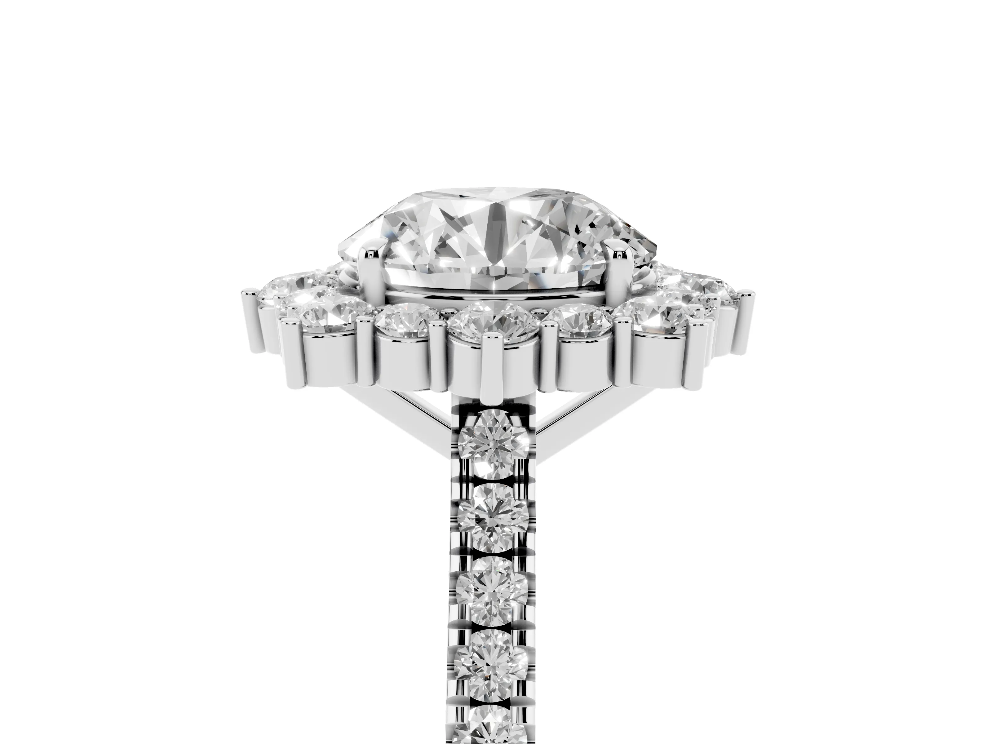 Round Cut Diamond Halo Ring Set in Silver with Pavé Band and Prong Setting