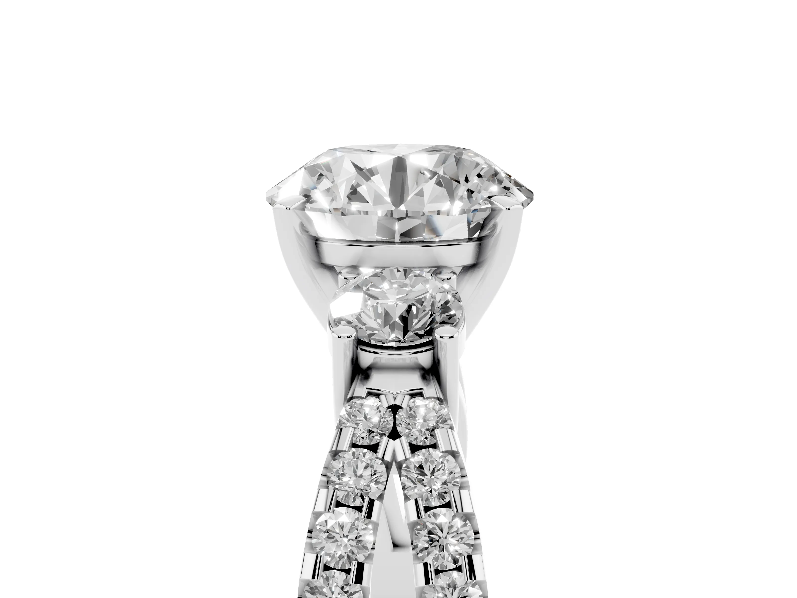 Round Cut Diamond Three-Stone Ring Set in Silver with Pavé Split Shank and Prong Setting