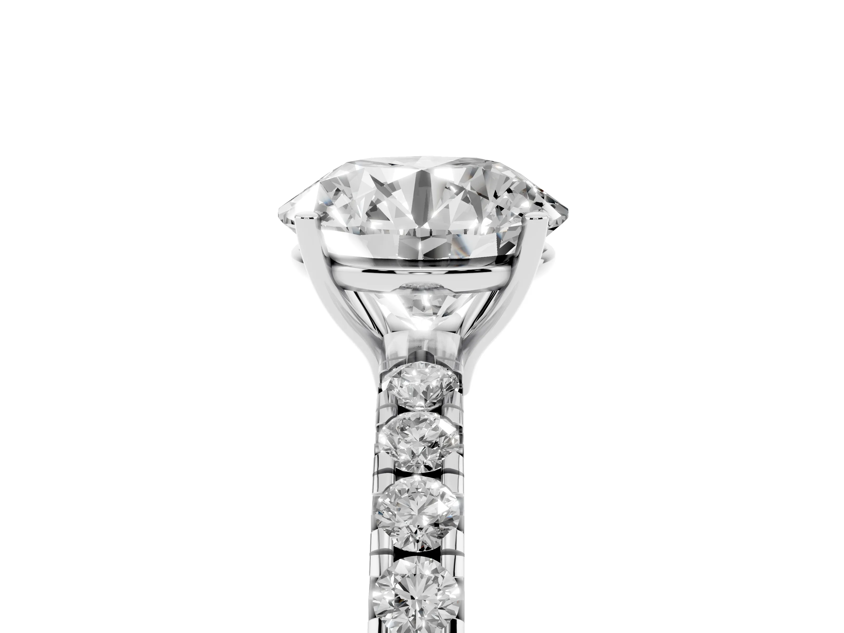 Round Cut Diamond Pavé Solitaire Engagement Ring Set in White gold with Prong Setting