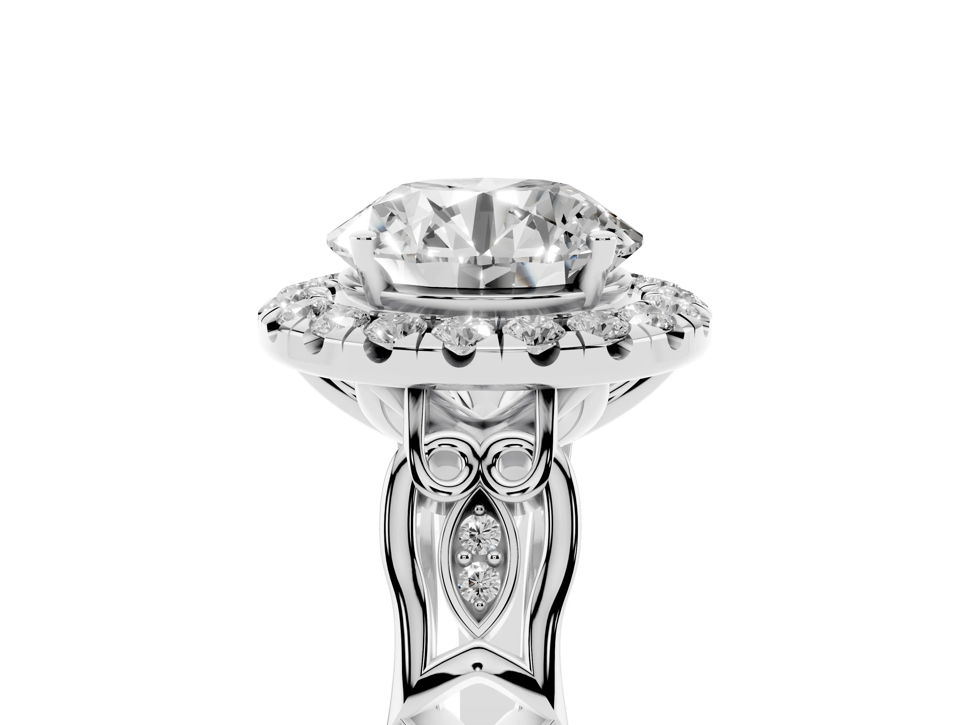 Round Cut Diamond Halo Engagement Ring Set in White gold with Filigree Band and Prong-Set Center