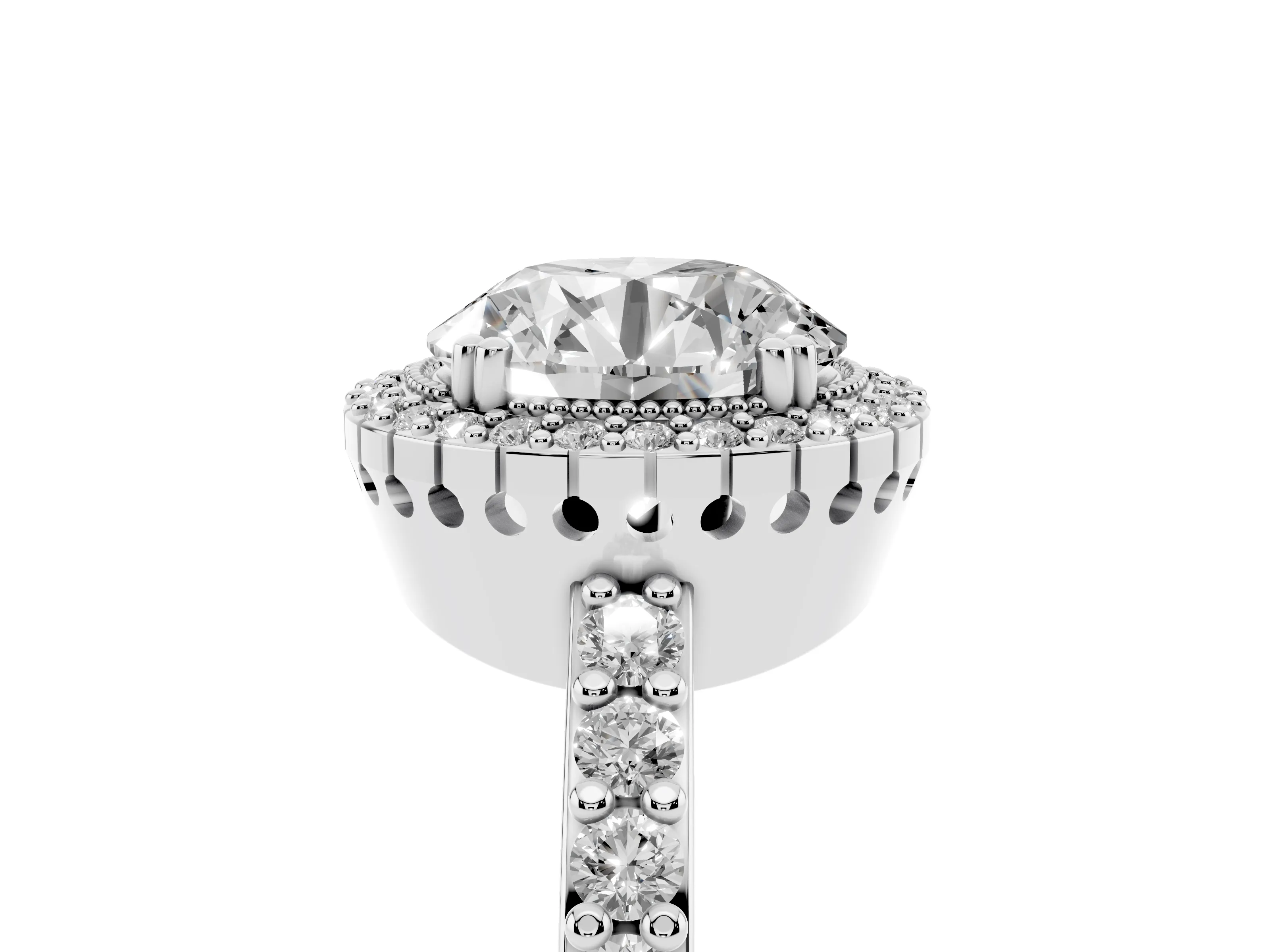 Round Cut Diamond Halo Engagement Ring Set in Platinum with Milgrain Detail and Pavé Band