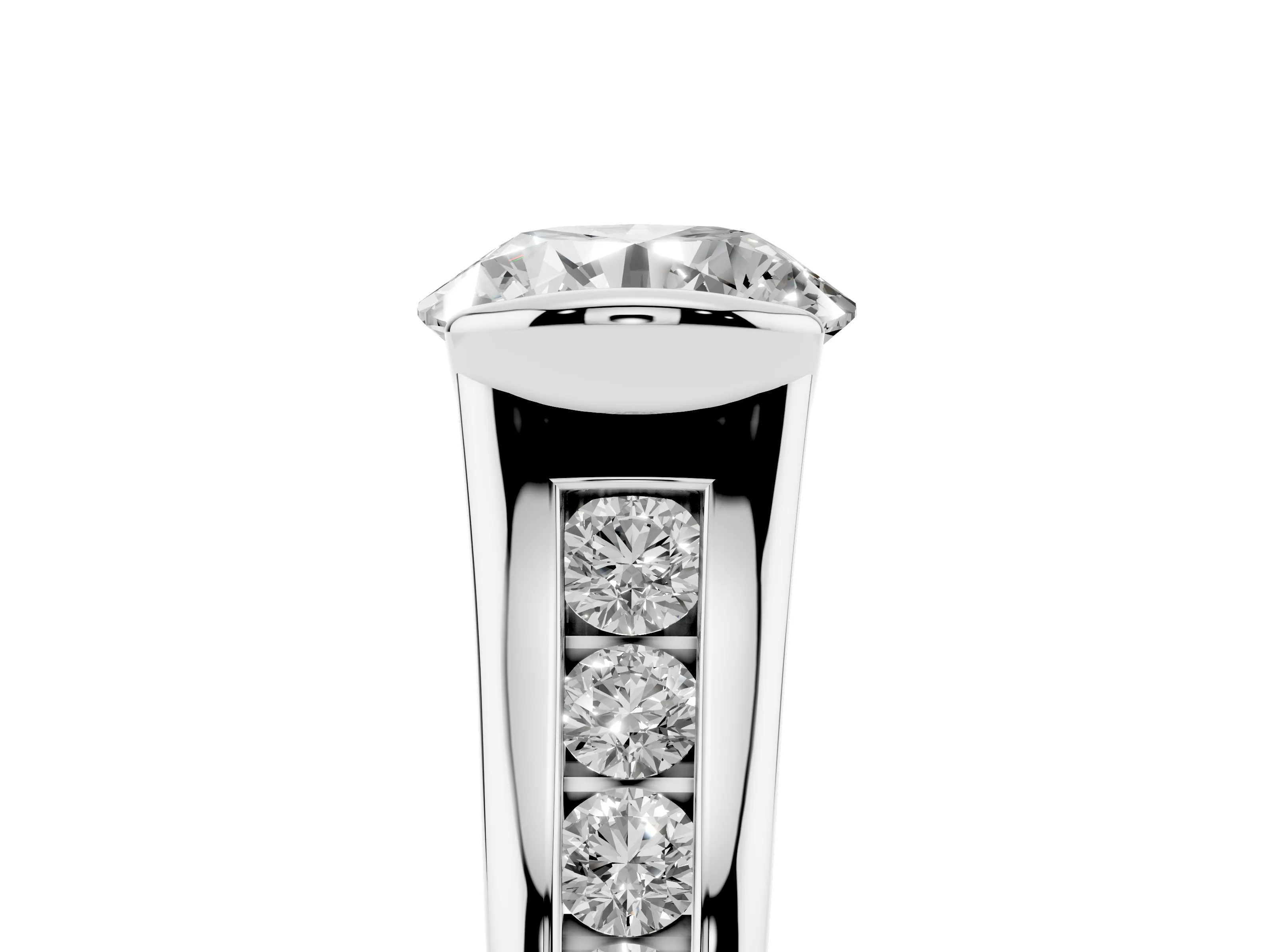 Round Cut Diamond Bezel-Set Solitaire Ring Set in White gold with Channel-Set Band