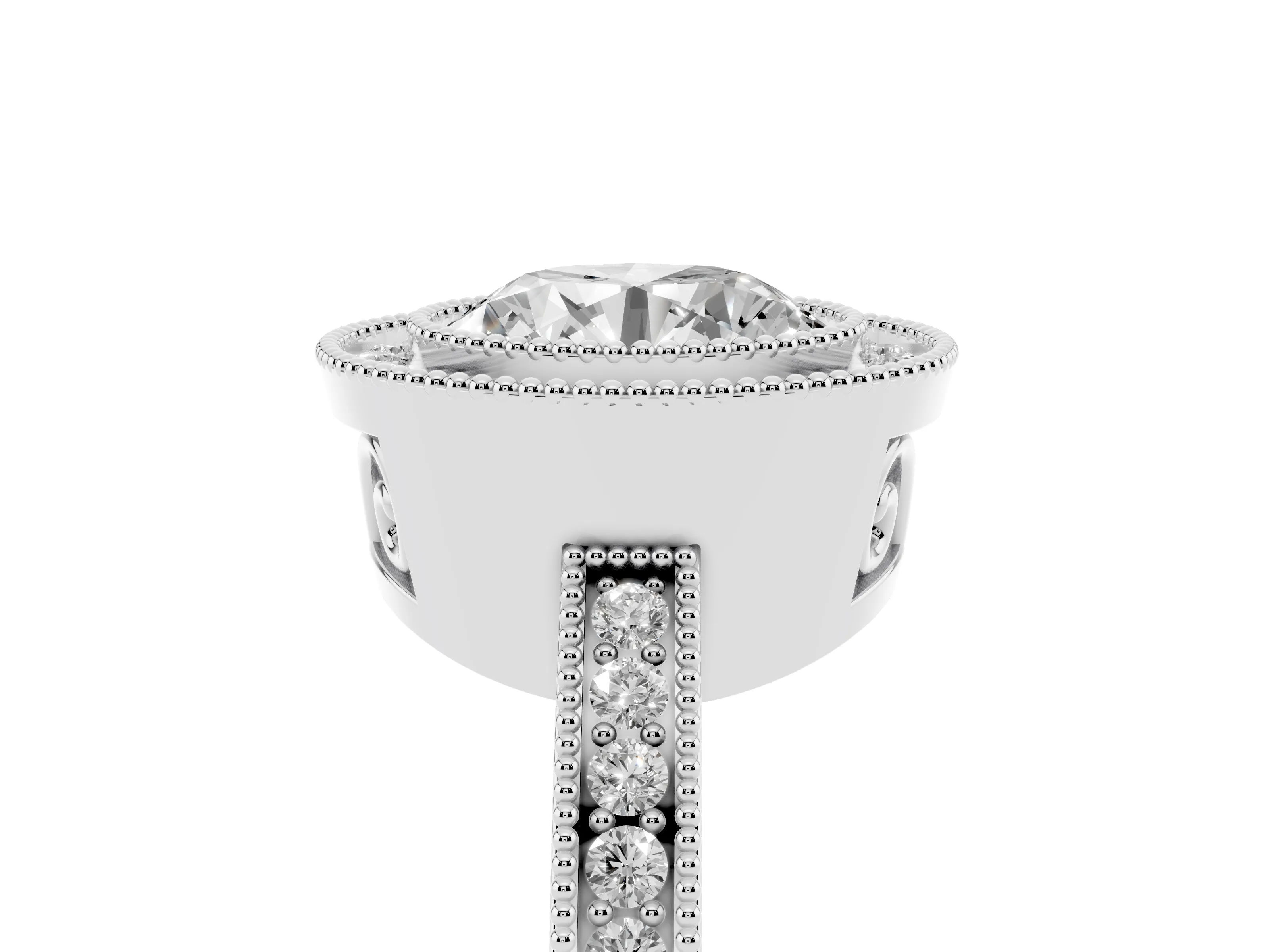Round Cut Diamond Halo Ring Set in White gold with Pavé Band and Milgrain-Edged Prongs