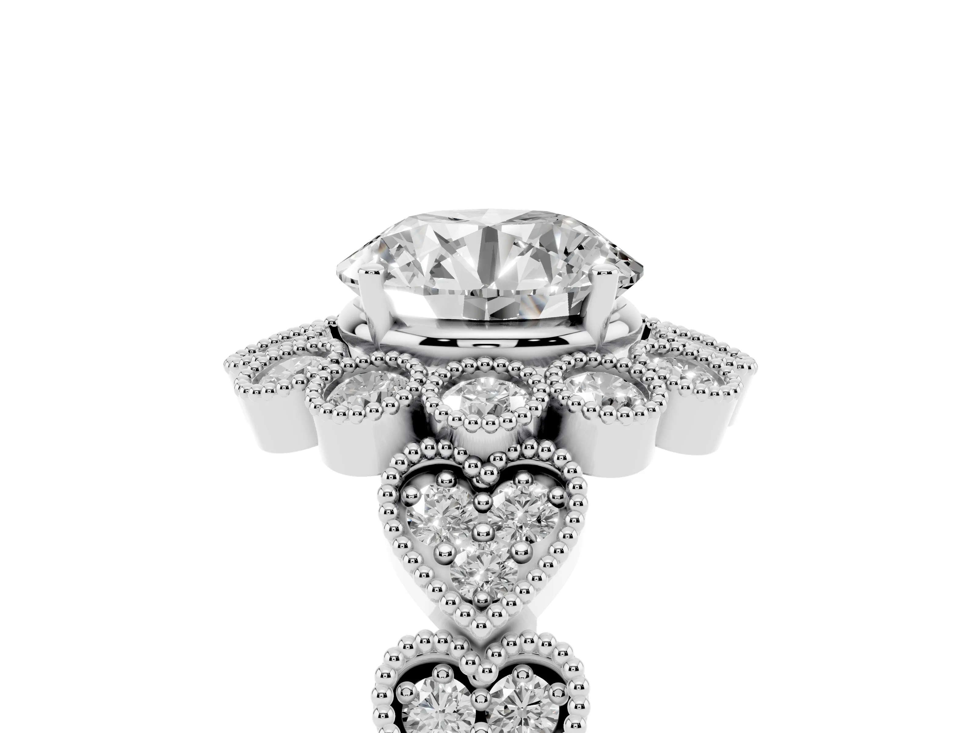 Round Cut Diamond Solitaire Ring Set in Silver with Milgrain Pavé Heart Band