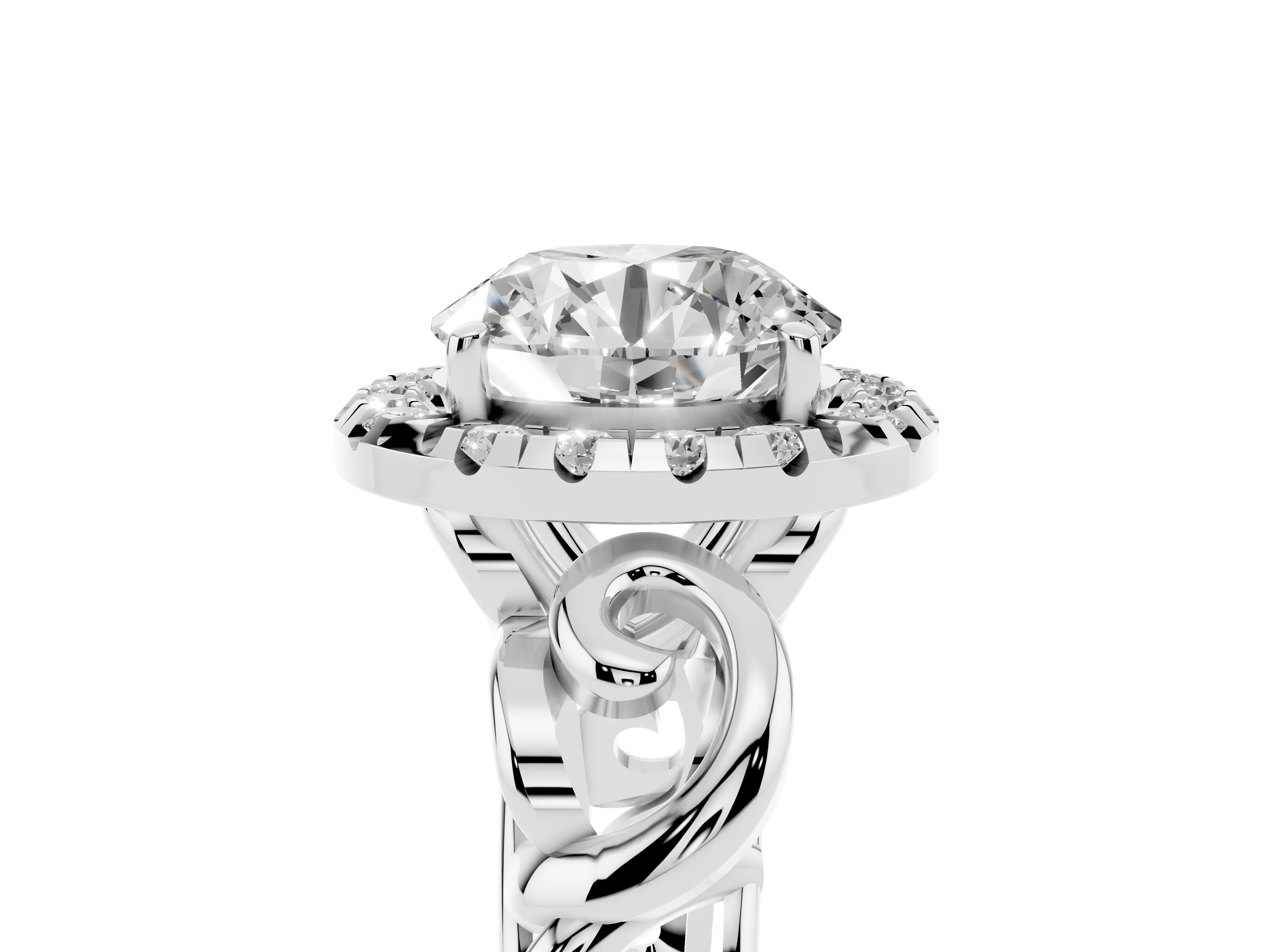 Round Cut Diamond Halo Ring Set in Platinum with Scrollwork Band and Prong Setting