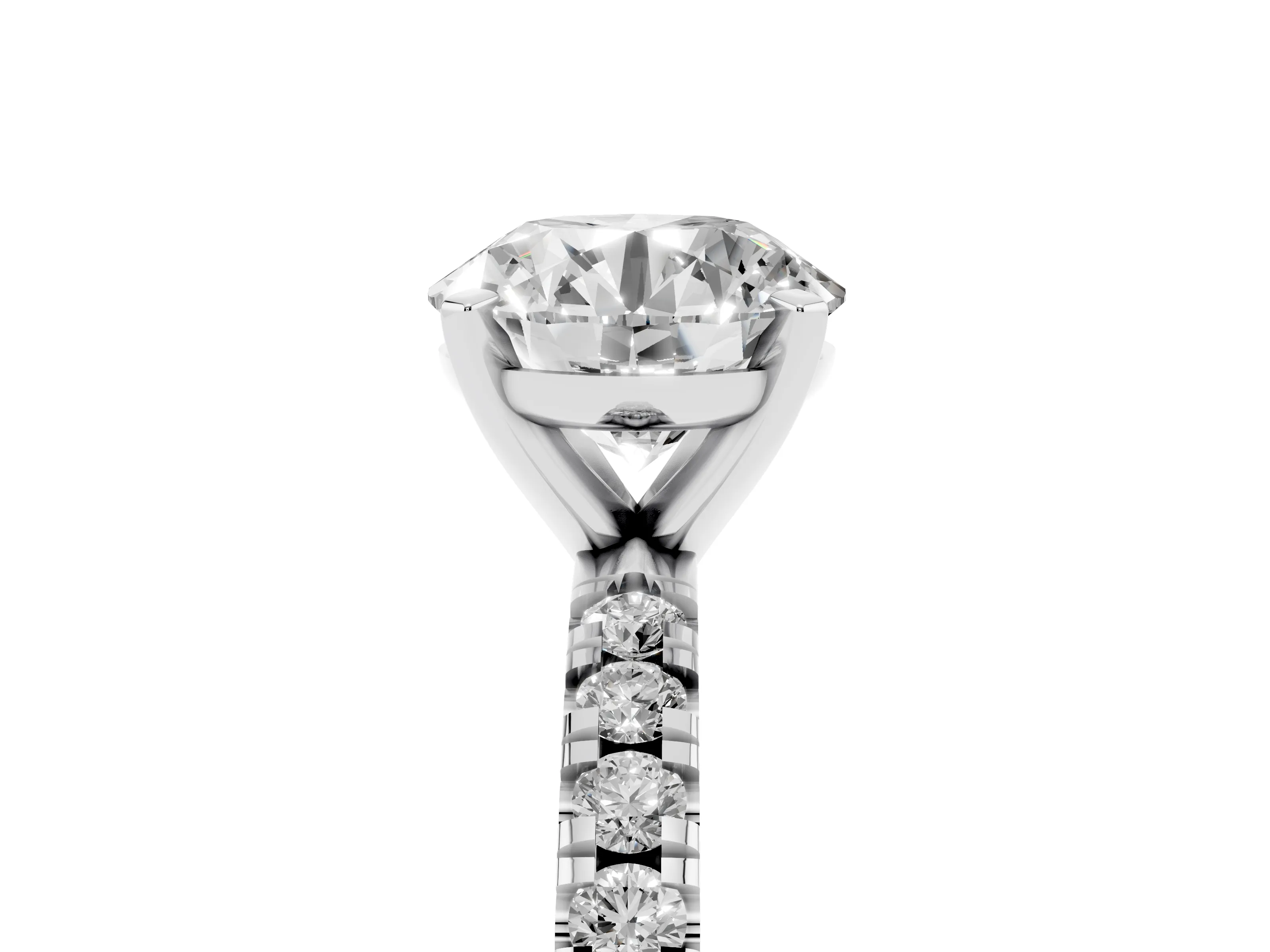 Round Cut Diamond Pavé Band Solitaire Set in White gold with Prong Setting