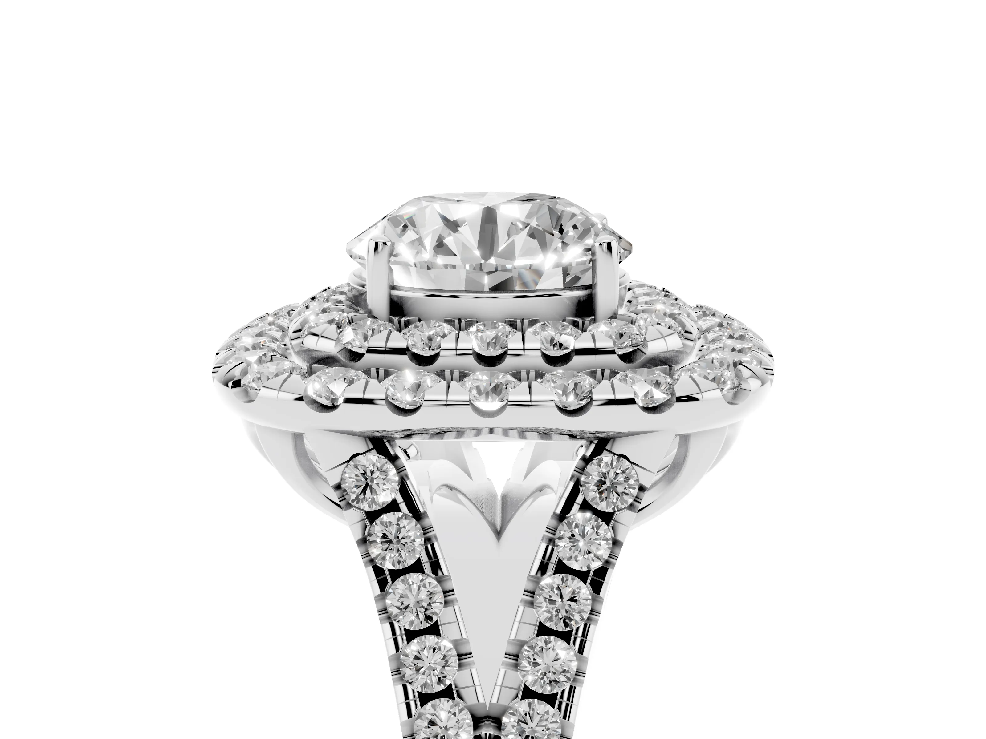Round Cut Diamond Double Halo Ring Set in Silver with Pavé Split Shank and Prong Setting