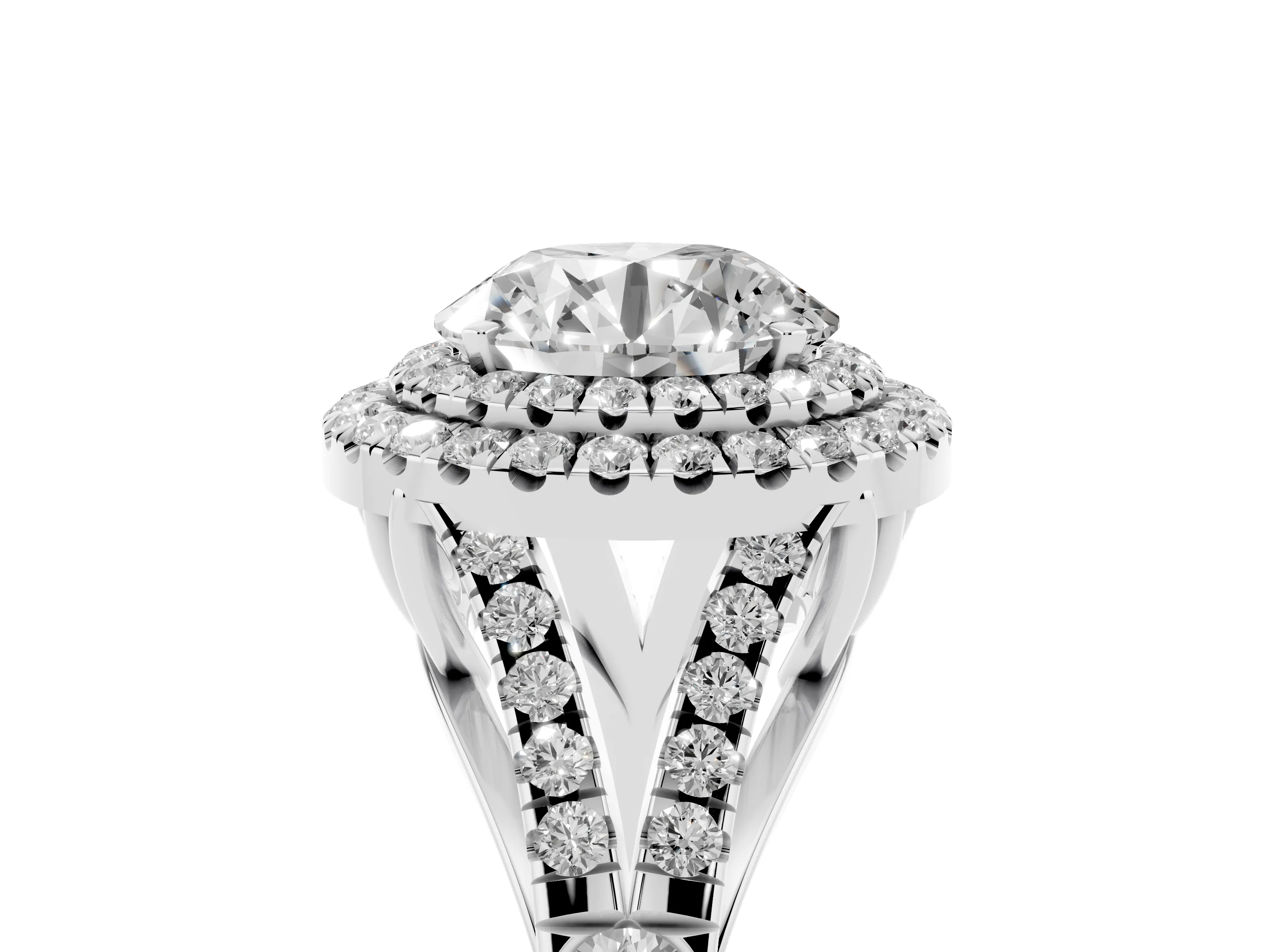 Round Cut Diamond Pavé Split Shank Double Halo Engagement Ring Set in Platinum