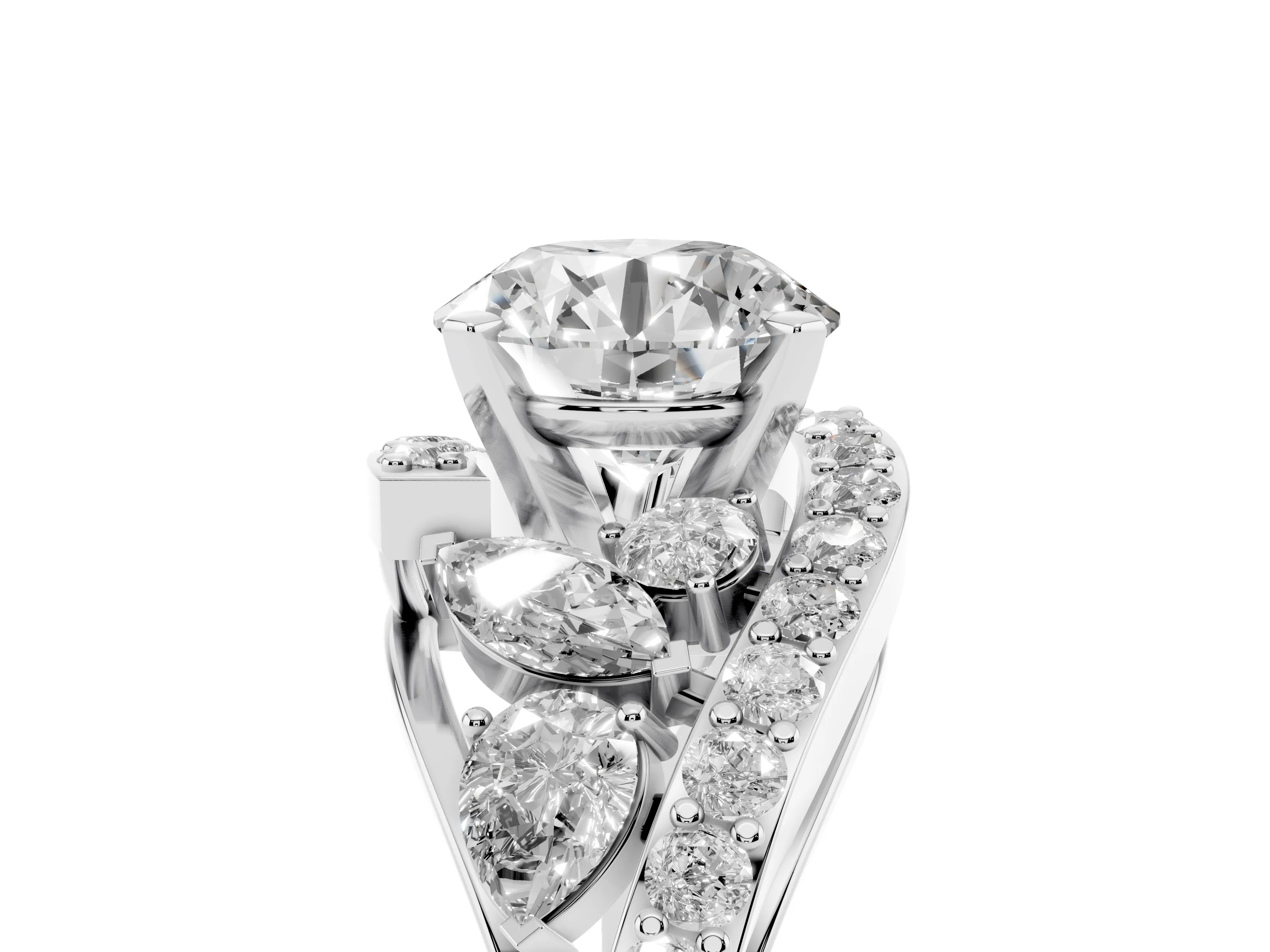 Round Cut Diamond Halo Ring Set in Platinum with Marquise and Pavé Band in Prong Setting