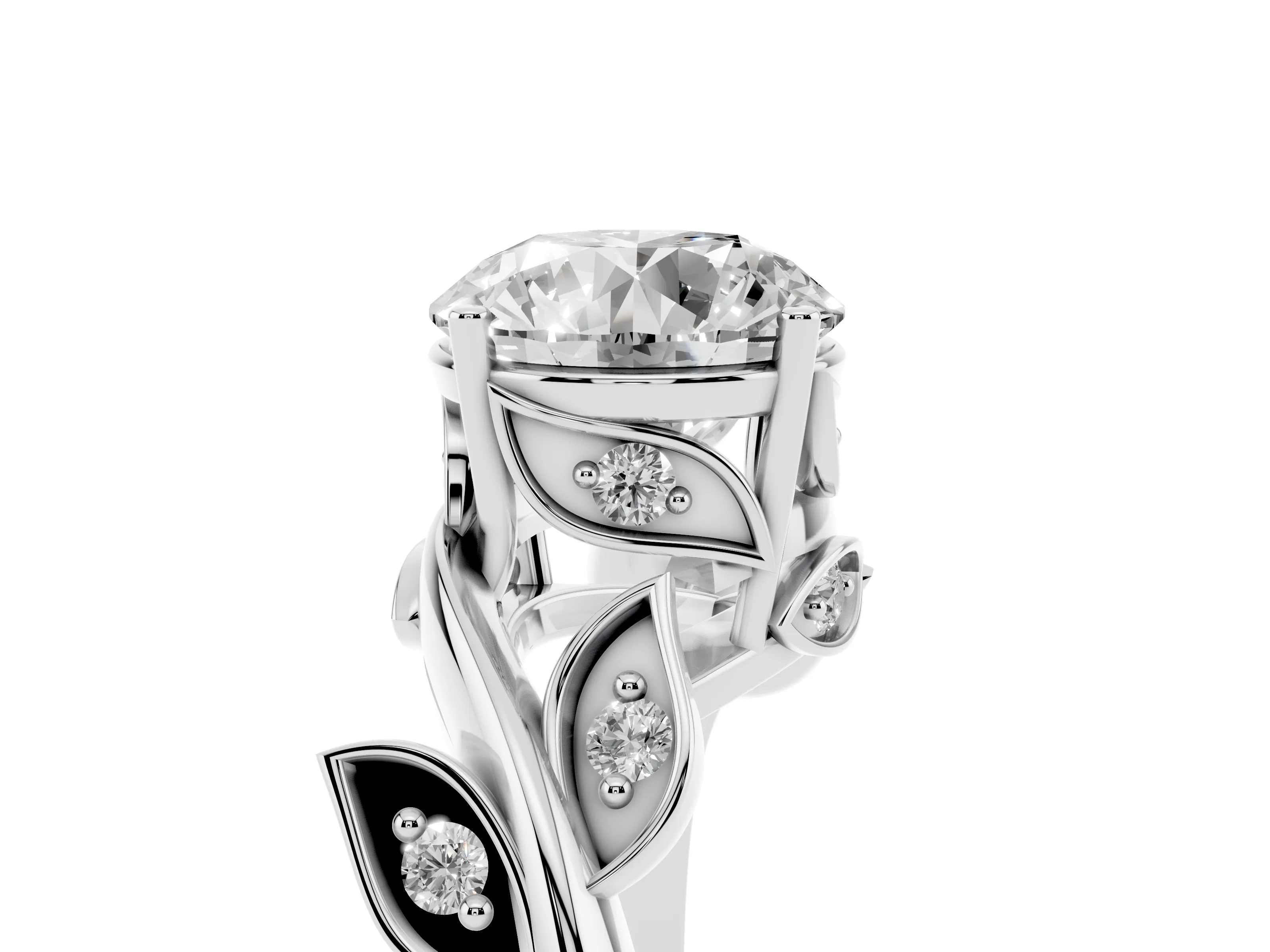 Round Cut Diamond Solitaire Twist Engagement Ring Set in Platinum with Pavé Leaf Accents