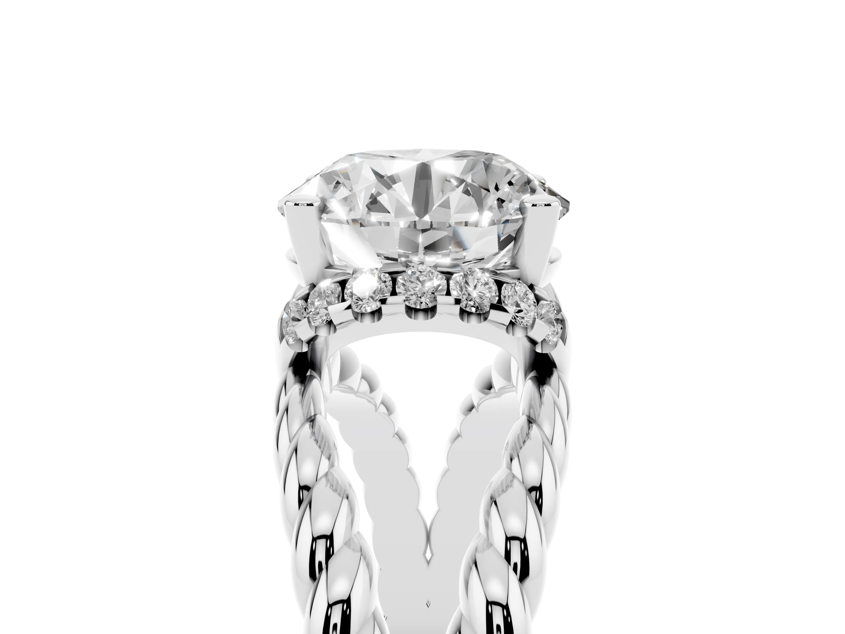 Round Cut Diamond Halo Ring Set in White gold with Twisted Band and Prong Setting