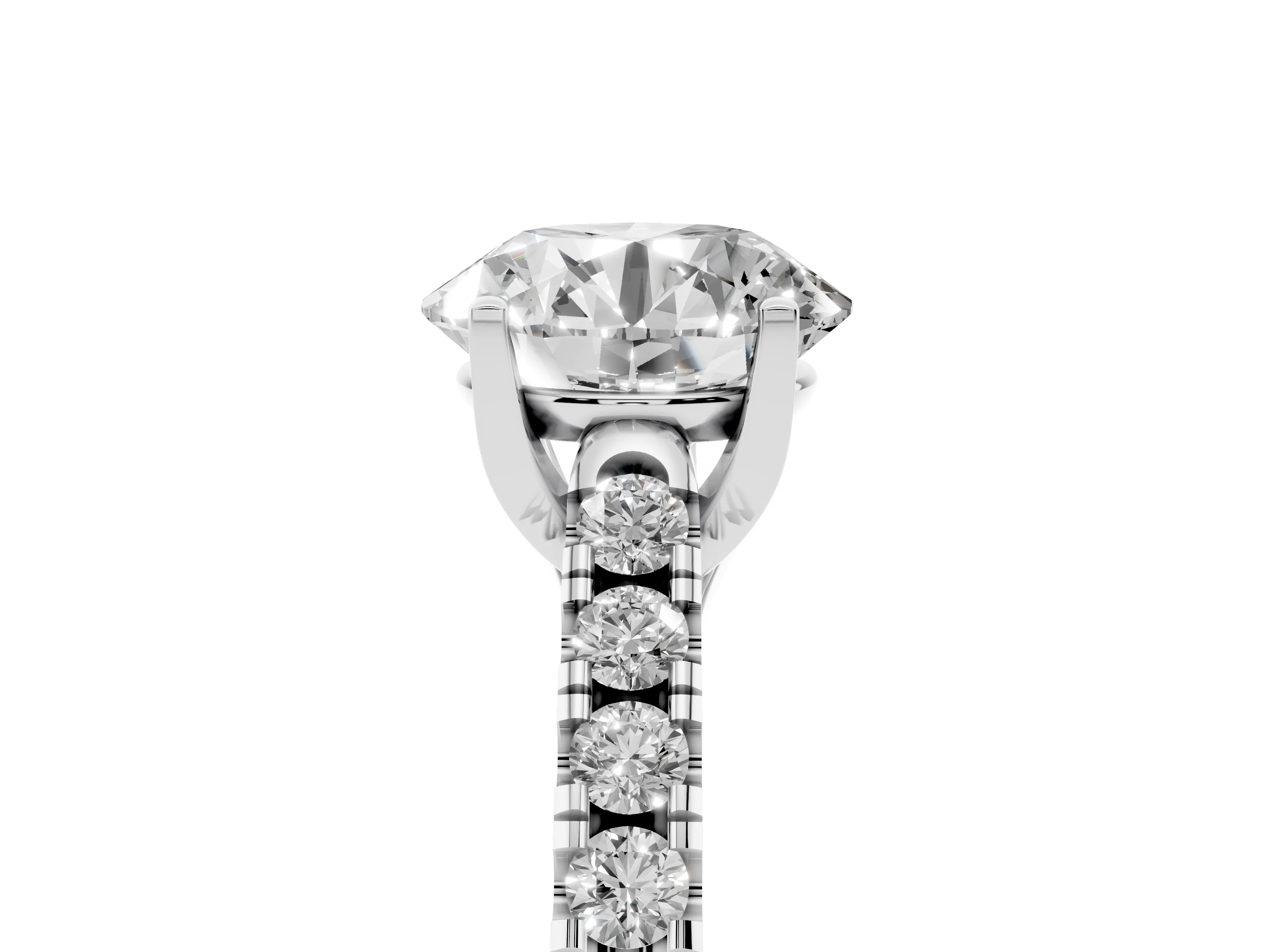Round Cut Diamond Pavé Band Solitaire Ring Set in White gold with Partway Accent Stones and Prong Setting