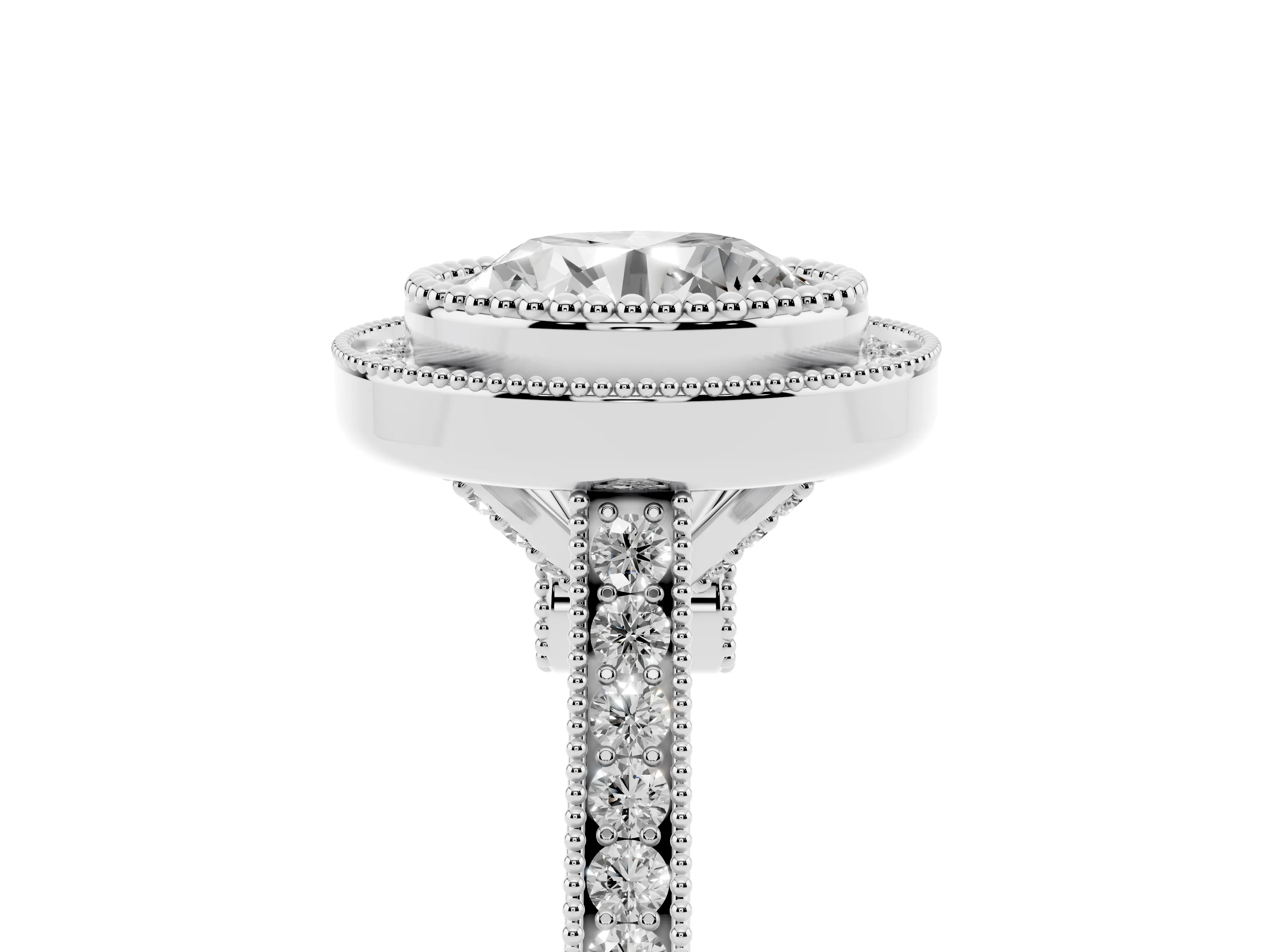 Round Cut Diamond Halo Ring Set in Platinum with Milgrain Frame and Pavé Band