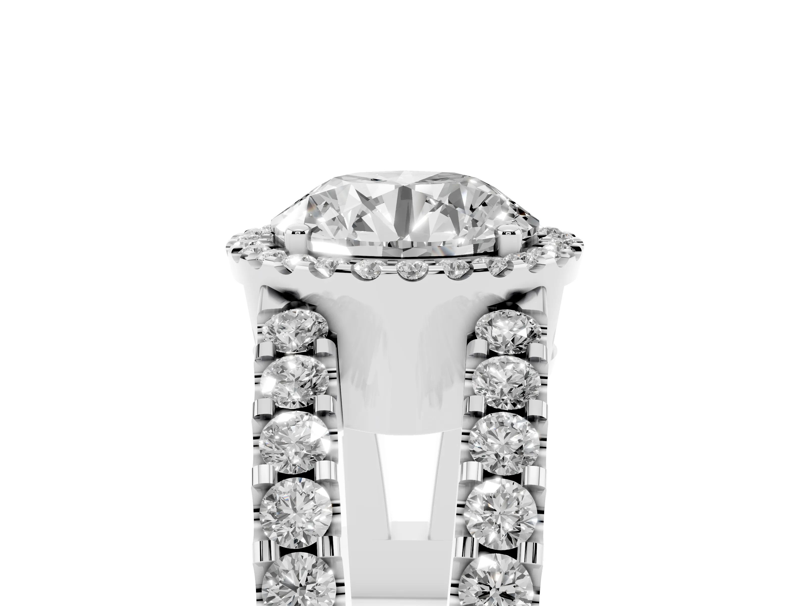 Round Cut Diamond Halo Ring Set in White gold with Pavé Split Shank and Prong Setting