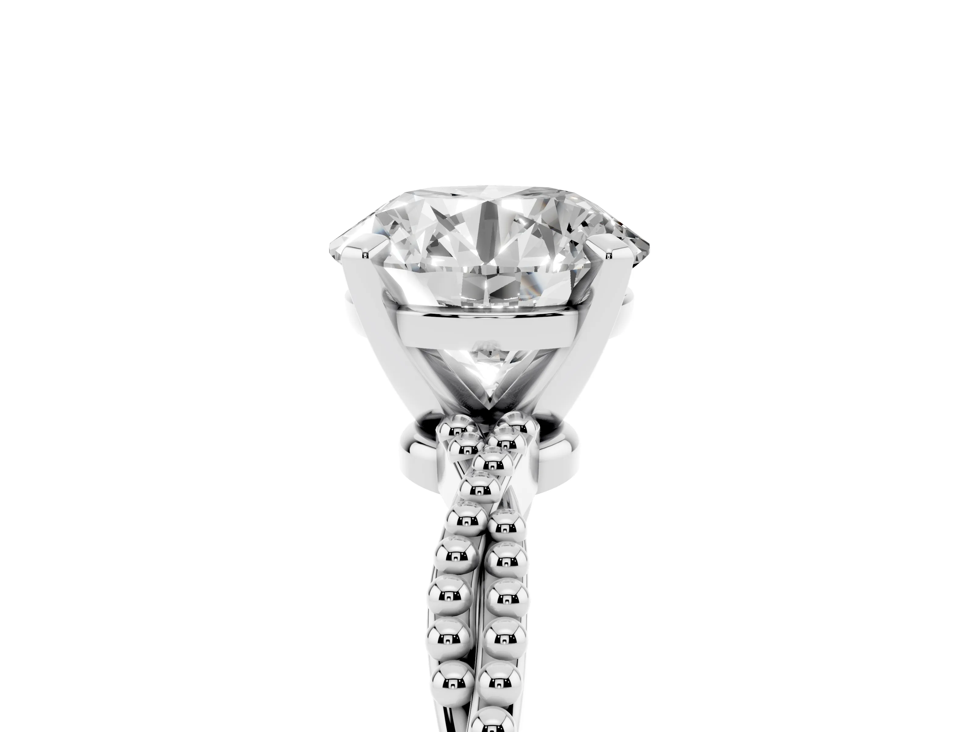 Round Cut Diamond Solitaire Ring Set in Platinum with Twisted Band and Bead Prong Setting