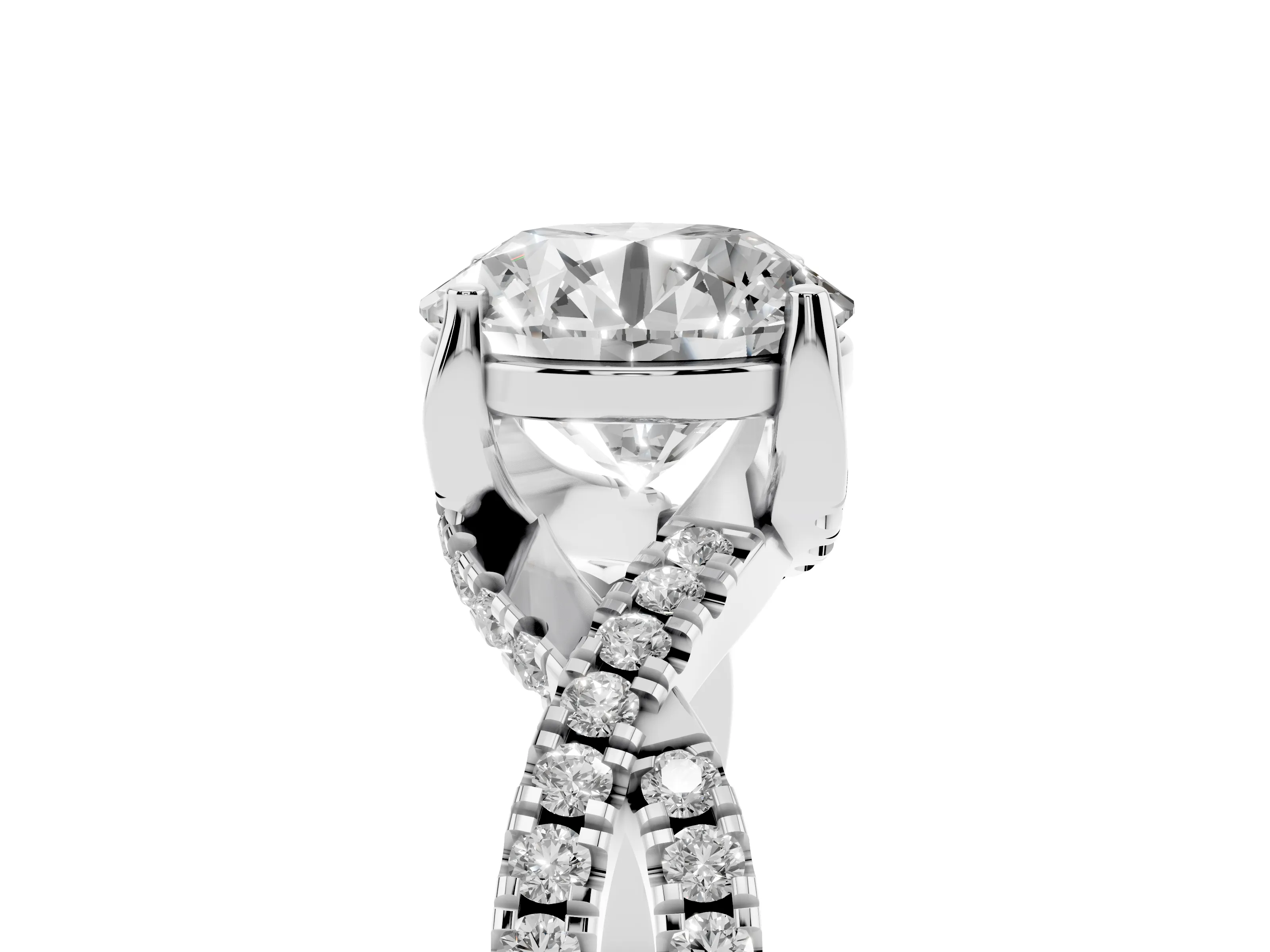 Round Cut Diamond Twist Pavé Solitaire Engagement Ring Set in Silver with Prong Setting