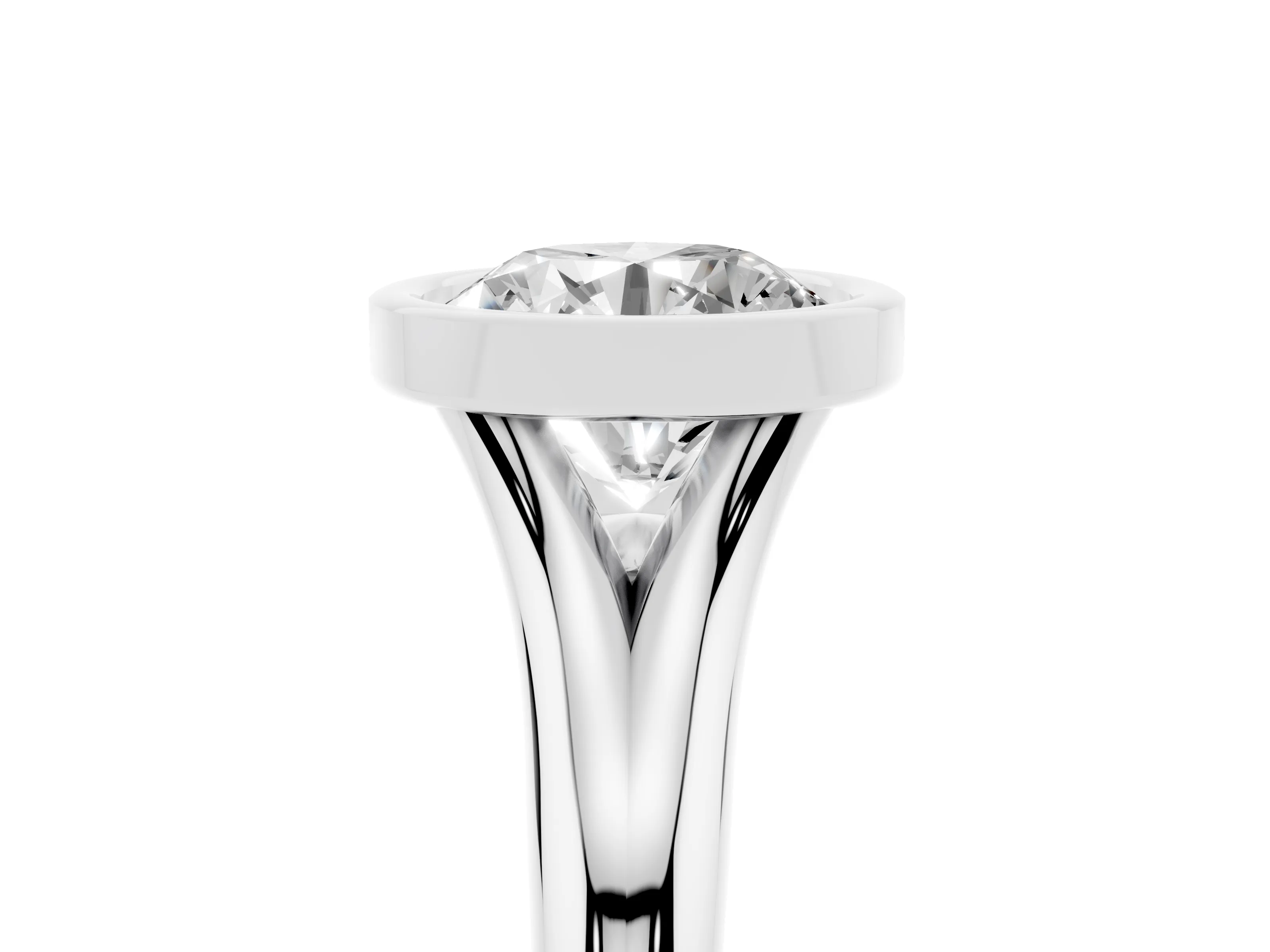 Bezel Set Round Cut Diamond Solitaire Ring Set in Platinum with Smooth Band