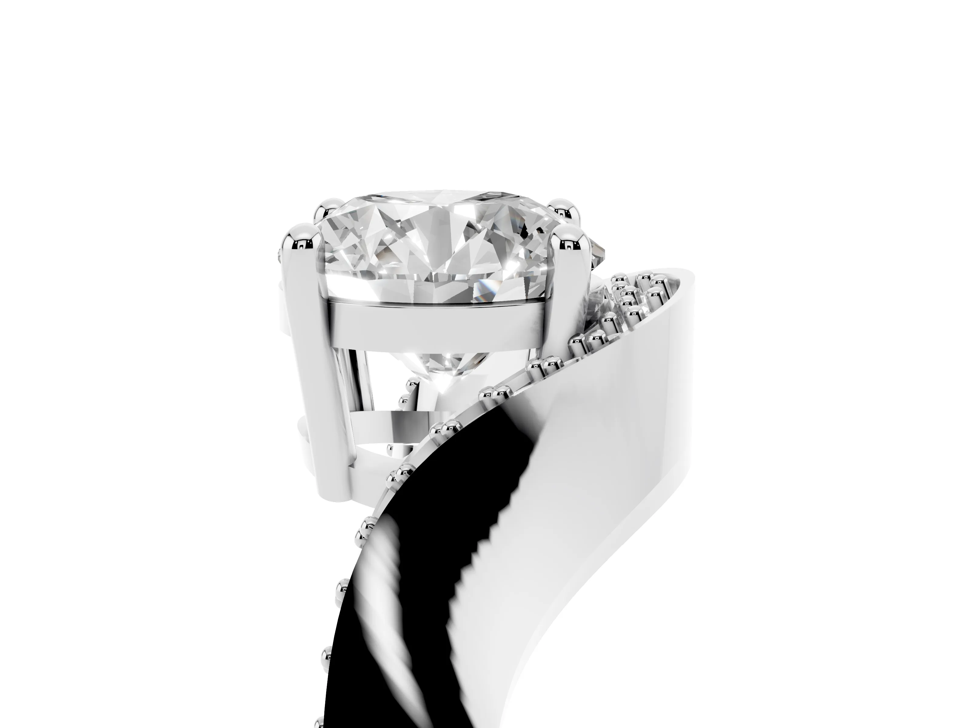 Round Cut Diamond Solitaire Engagement Ring Set in Silver with Pavé Shoulders
