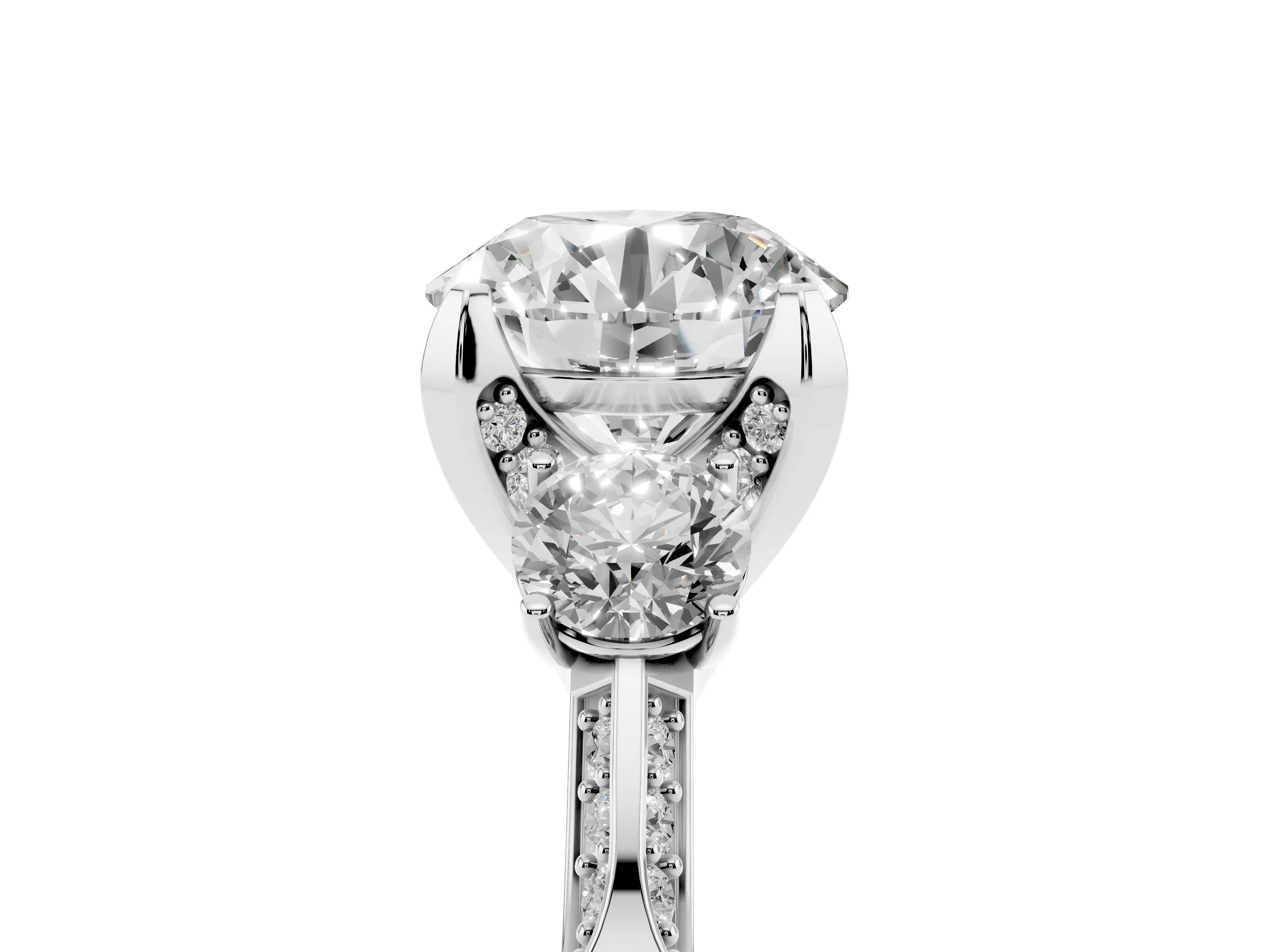 Round Cut Diamond Three-Stone Ring Set in Platinum with Pavé Band and Smaller Side Stones