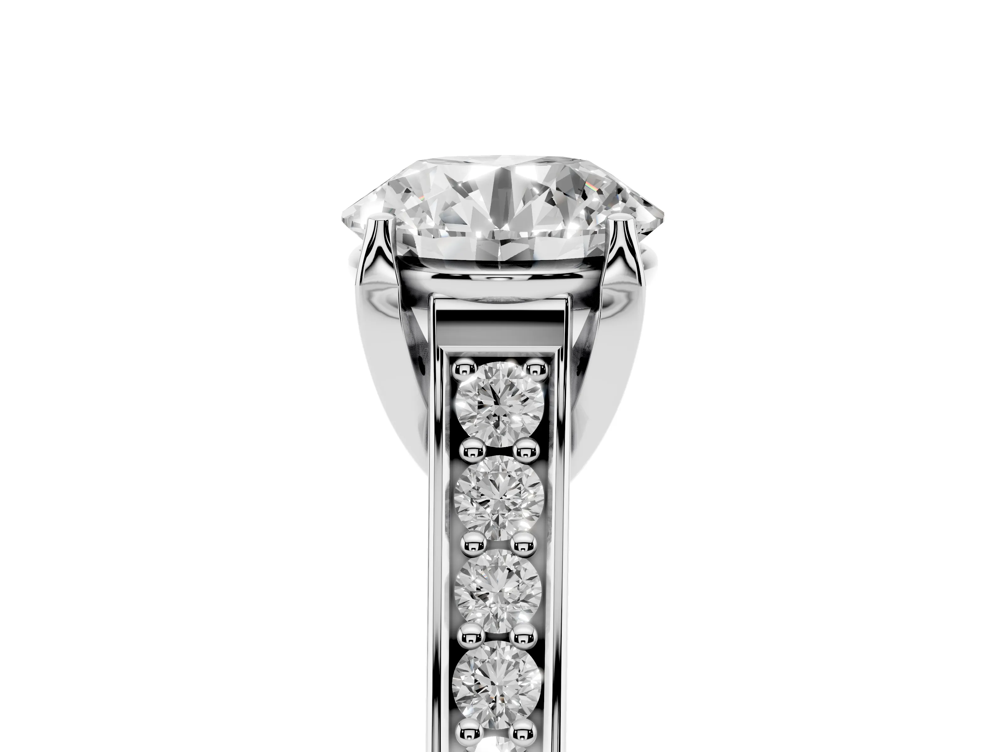 Round Cut Diamond Solitaire Pavé Engagement Ring Set in Silver with Prong Setting