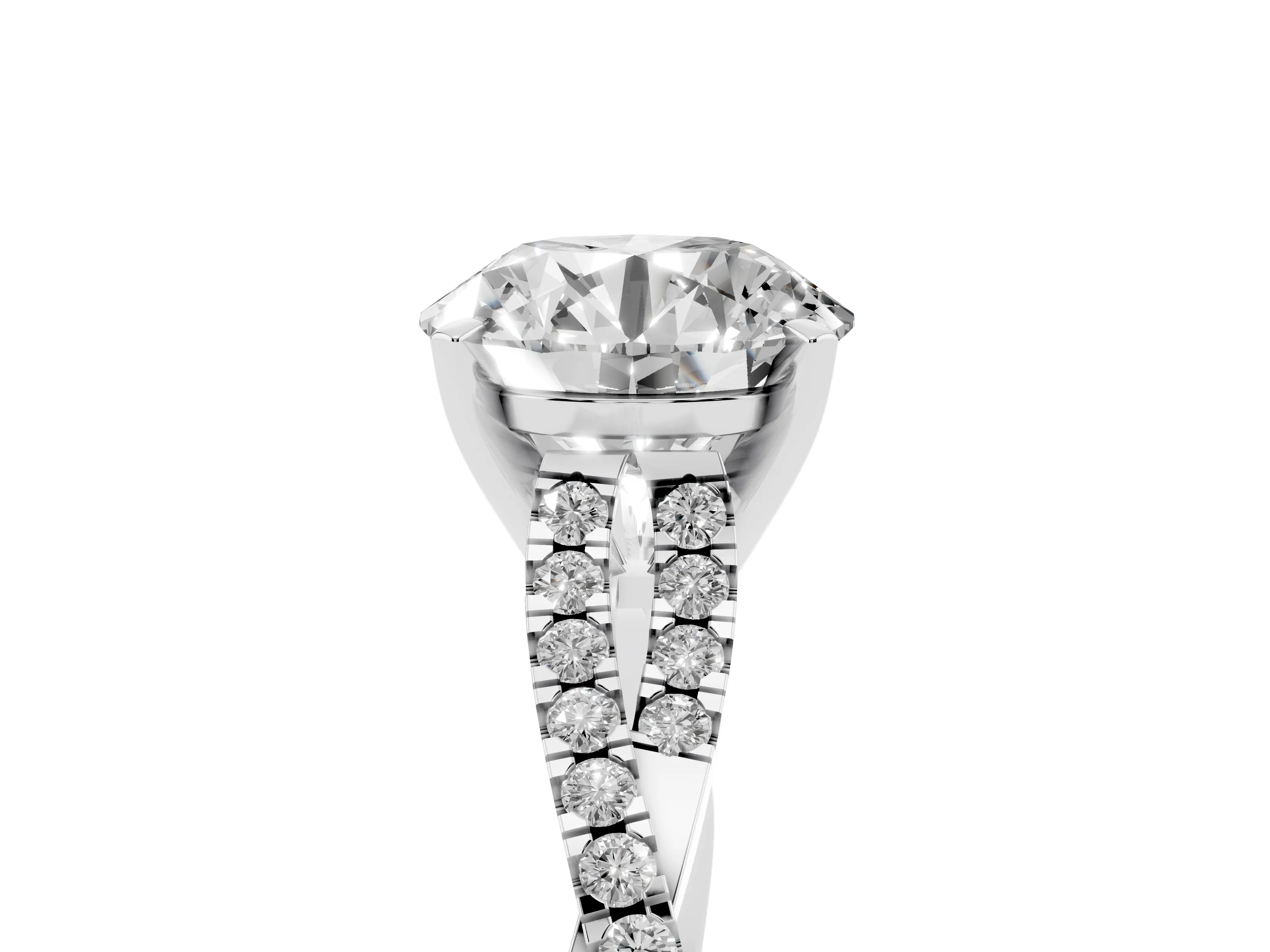 Round Cut Diamond Solitaire Engagement Ring Set in Platinum with Twisted Pavé Band and Prong Setting