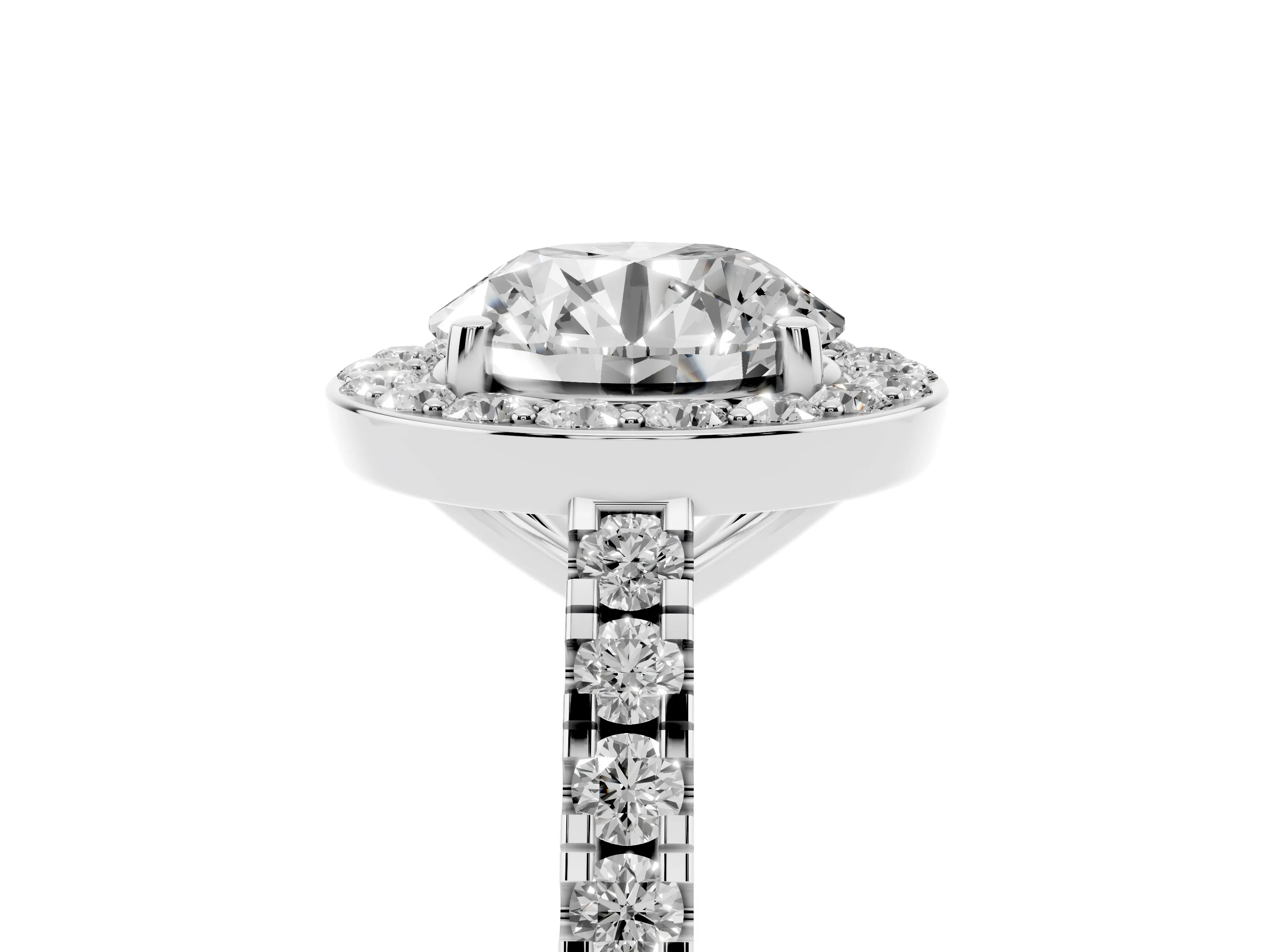 Round Cut Diamond Halo Ring Set in Silver with Round Pavé Split Shank and Prong Setting